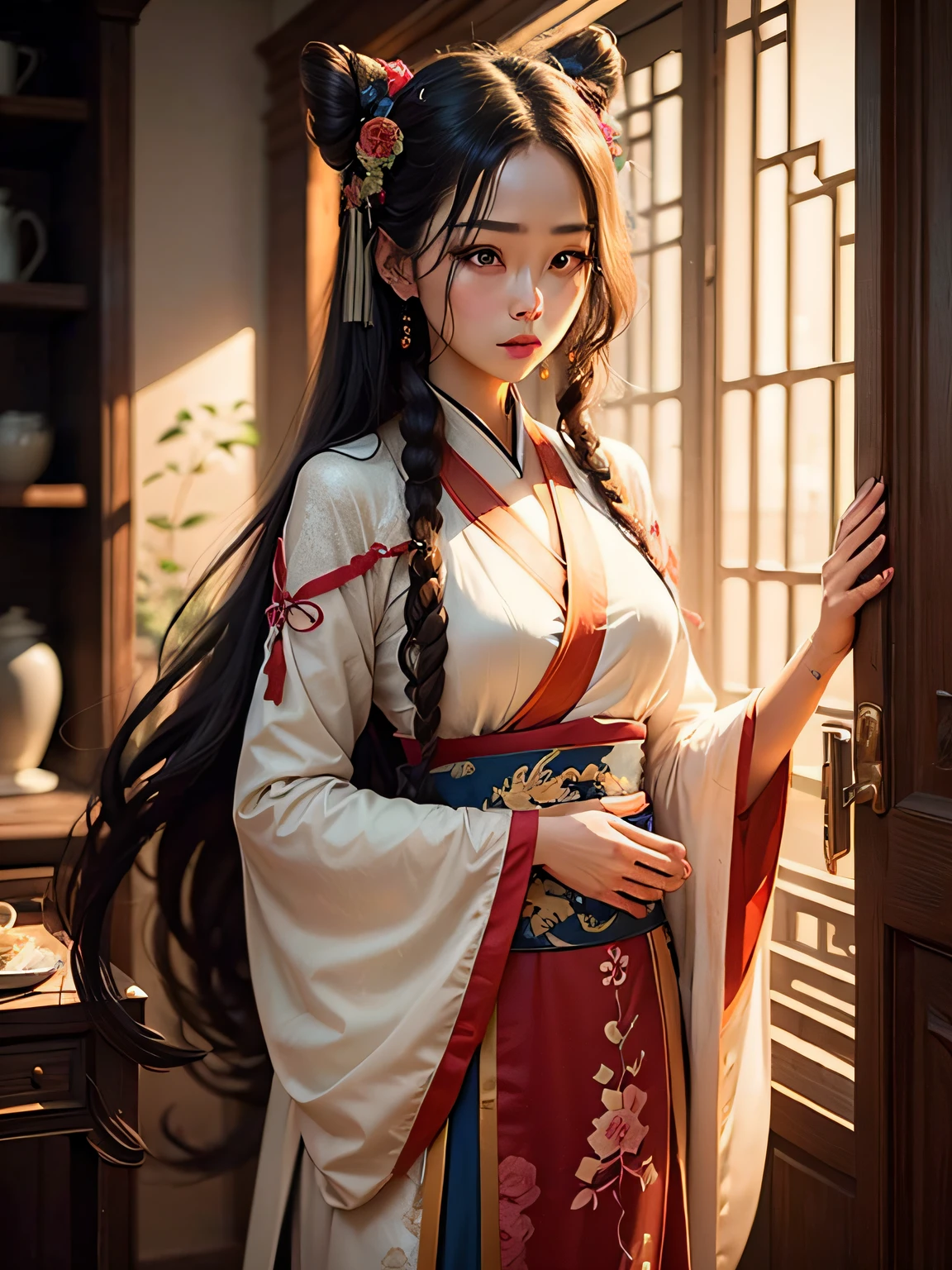 perverted woman,length hair,gentleness,Hanfu,nigth,