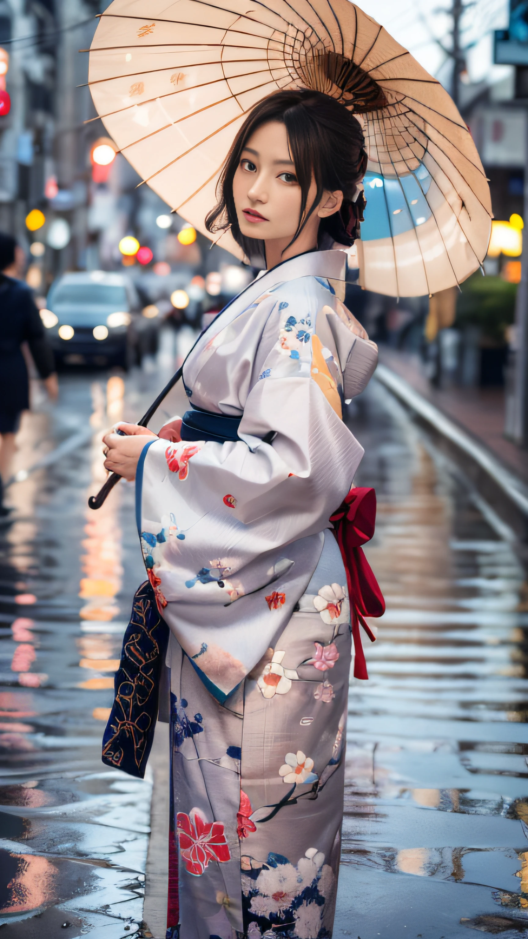 (detailed line art of a beautiful lady), masterpiece, (ukiyo-e style), (rain: 1.5), (wearing a kimono and wrapping a beautiful cloth around her head), melancholy expression, (holding a beautiful Japanese umbrella in her hand), standing on a street corner, natural body posture, (reflection), full body art, (from the side: 1.5), (looking away: 1.5), (Dutch angle shot: 1.5), symmetry, 2d rendering,