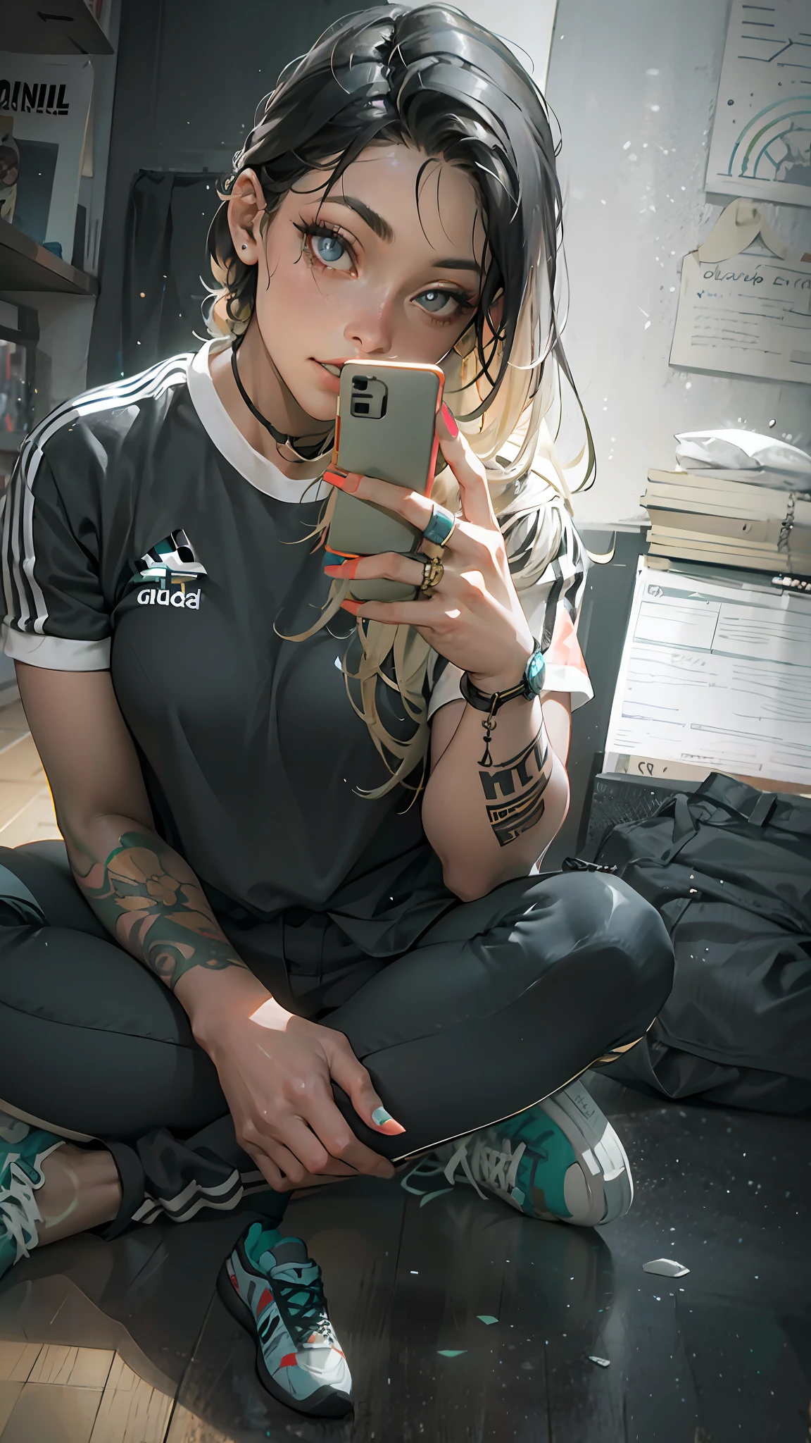 there is a woman sitting on the floor taking a picture of her cell phone, usando roupas adidas, peitos grandes, peitos gigantes, olhos castanhos, rosto oval, Coberto, she is wearing streetwear, com tatuagens, Tumblr, by Amelia Peláez, foto da roupa, imagem de perfil, editing, blogueira streetwear feminina, mulher no streetwear, ❤🔥🍄🌪, Audi Flanie estilo, foto do perfil