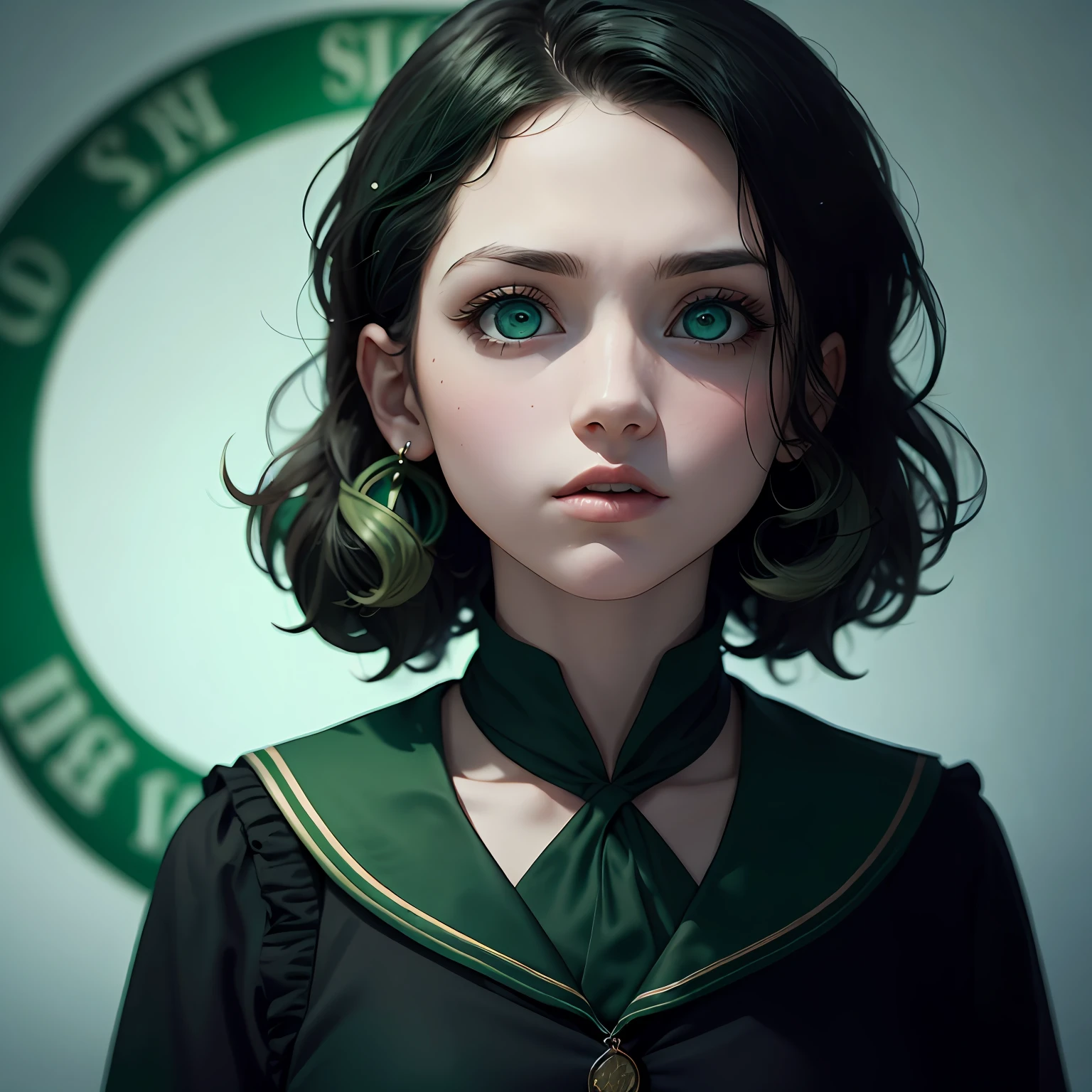 Slytherin House,green color,A girl with,with short black hair,curlyhair,Green background,sportrait,Green eyes,largeeyes,American graduation photo