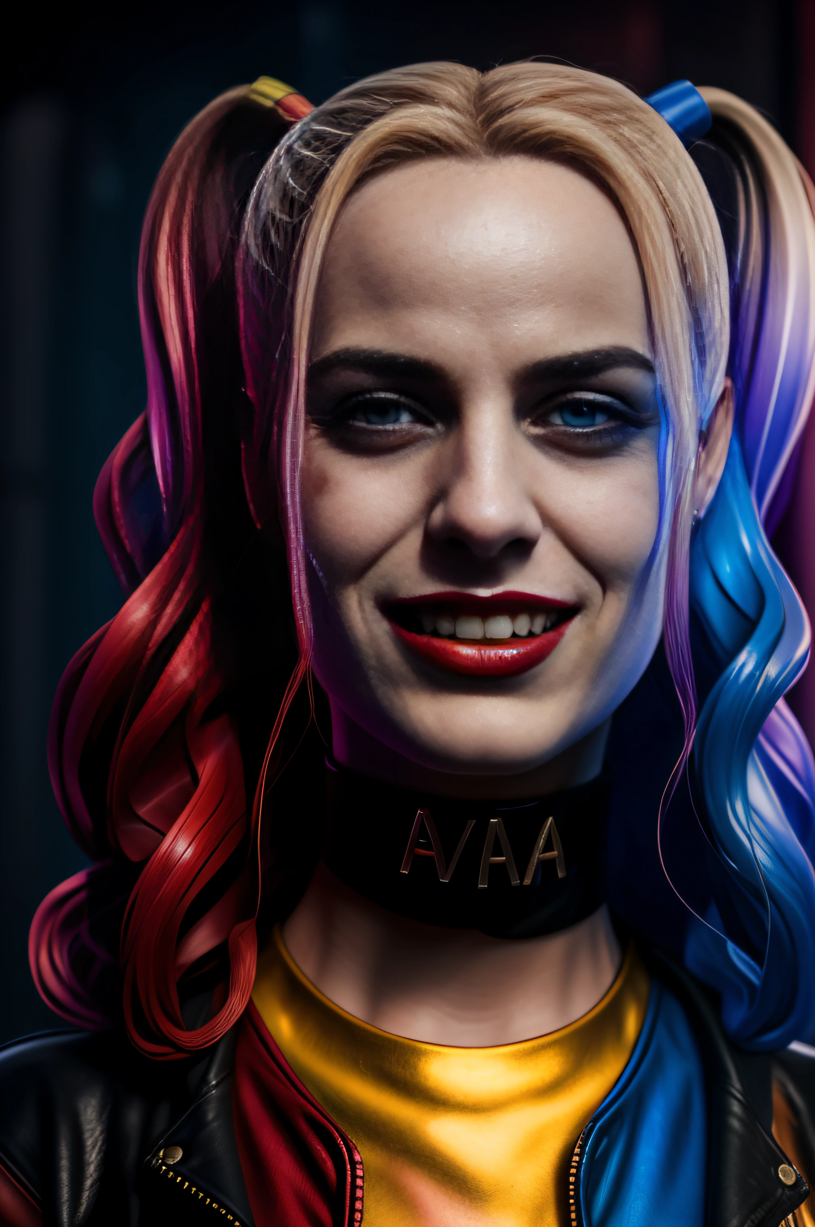 Beautiful close up of gorgeous Harley Quinn in the street, wearing black leather jacket, dynamic pose, sexy, flirty, playful, 32k resolution, photo realistic, hyper realistic, hyper detailed, hyper detailed face, hyper detailed hair, hyper detailed eyes, hyper detailed mouth, best quality, natural looking, life like, triadic colors, complementary colors, volumetric lighting, dynamic lightning, side light, epic, cinematic, dynamic, dramatic, stunning, fantasy concept art, perfect, smooth, orange, red, pink and purple hues, colorful, bright colors, deep colors, color depth