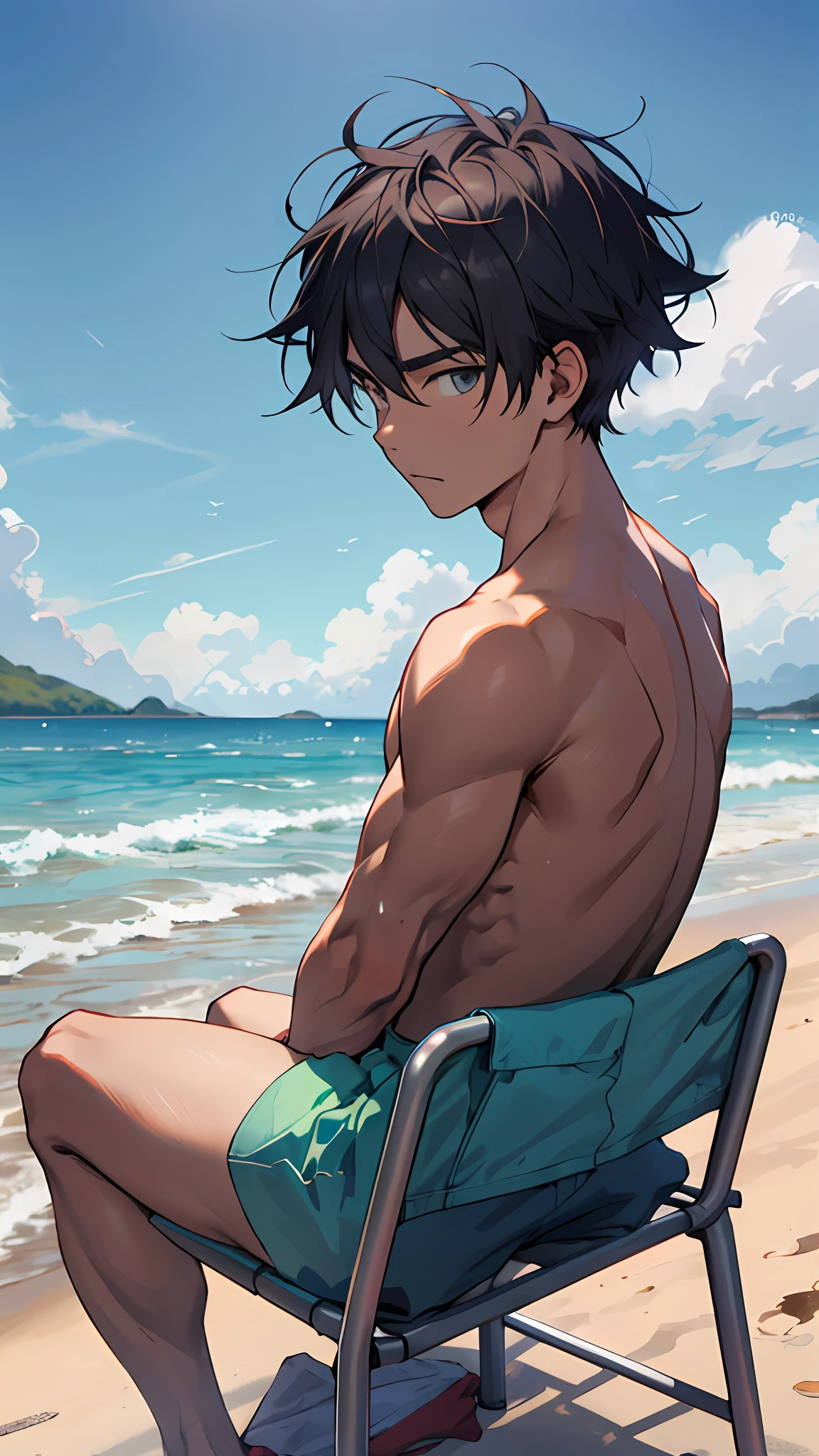 sea beach，A boy with his back to the screen，Turning Head，Head towards the screen，sitting at the beach，