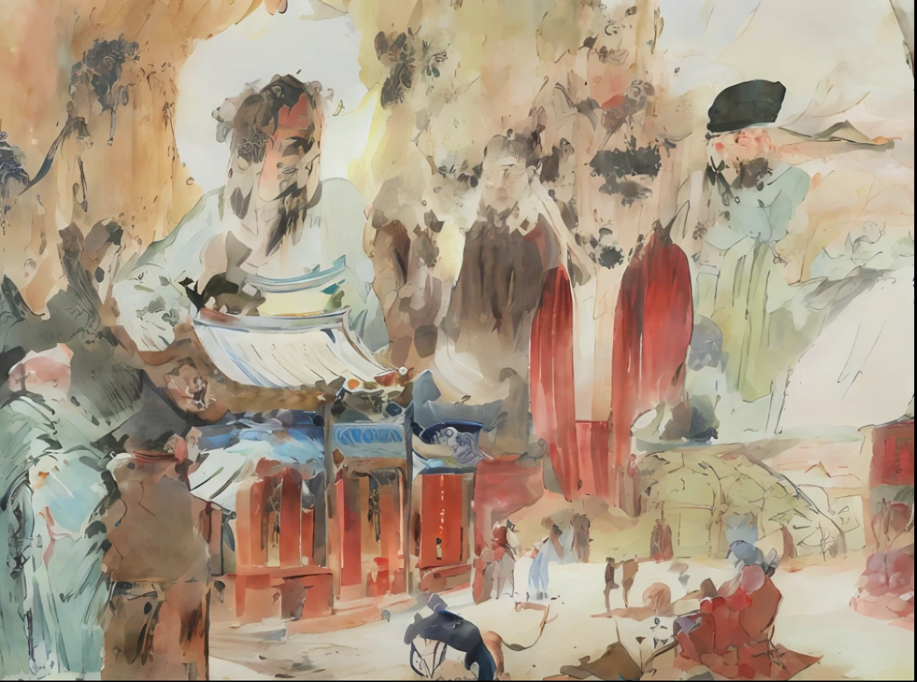 a close up of a painting of a group of people in a room, confucius and jury trial, Chinese mythology, ancient china art style, Taoist temples and monks, taoist, hystorical painting, old chines painting, traditional chinese art, traditional painting, Traditional Chinese painting, Taoism, chinese three kingdoms, Chinese style painting, Chinese tradition