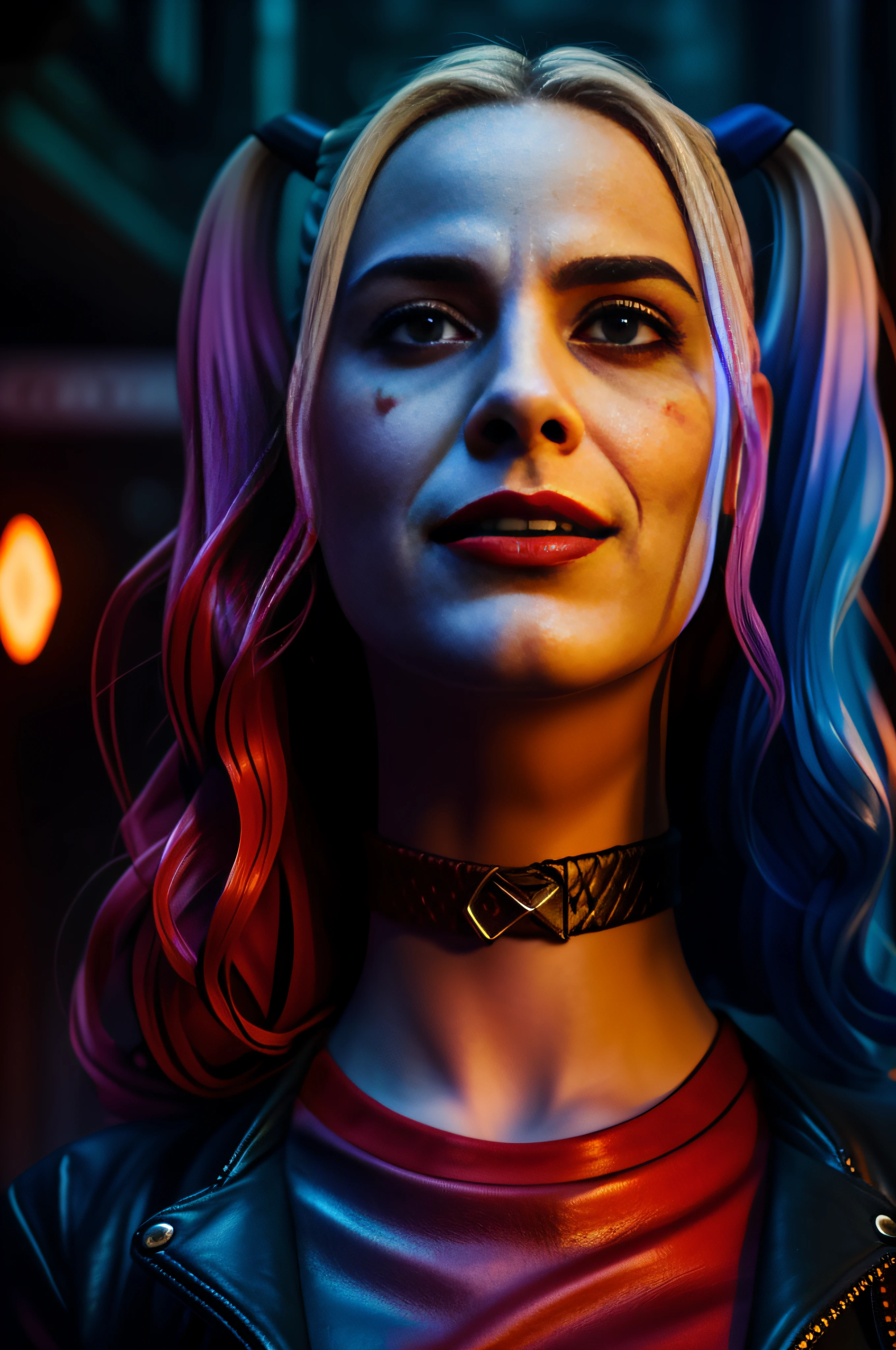 Beautiful close up of gorgeous Harley Quinn in the street, wearing black leather jacket, dynamic pose, sexy, flirty, playful, 32k resolution, photo realistic, hyper realistic, hyper detailed, hyper detailed face, hyper detailed hair, hyper detailed eyes, hyper detailed mouth, best quality, natural looking, life like, triadic colors, complementary colors, volumetric lighting, dynamic lightning, side light, epic, cinematic, dynamic, dramatic, stunning, fantasy concept art, perfect, smooth, orange, red, pink and purple hues, colorful, bright colors, deep colors, color depth