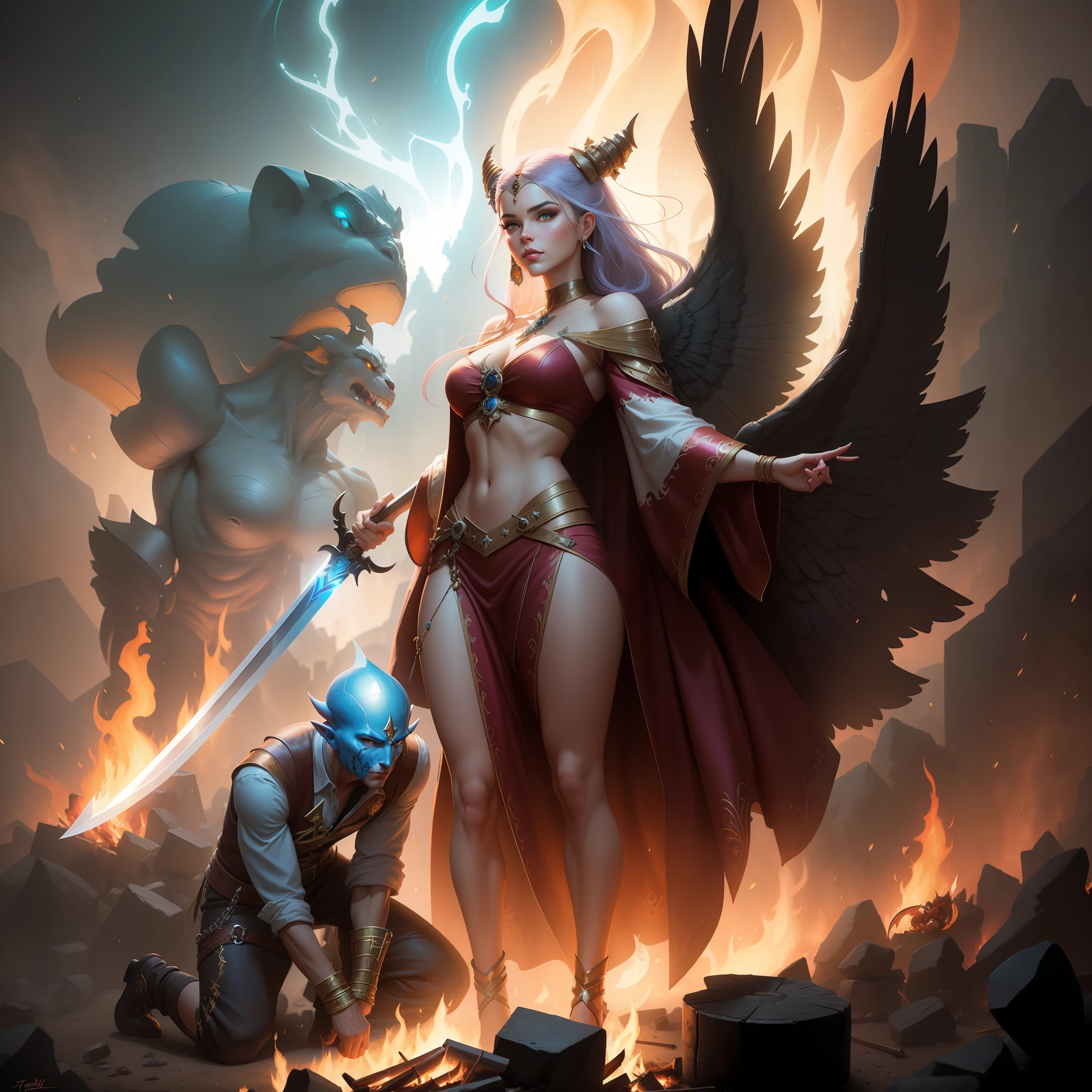 A goddess with a sword and a demon stand in front of the fire, artgerm julie bell beeple, author:Jeremy Chang, Fantasy art Behance, tyler edlin fantasy art, peter mohrbacher and artgerm, author:Johannes Helgesen, 4K fantasy art, aly fell and artgerm, High quality fantasy art