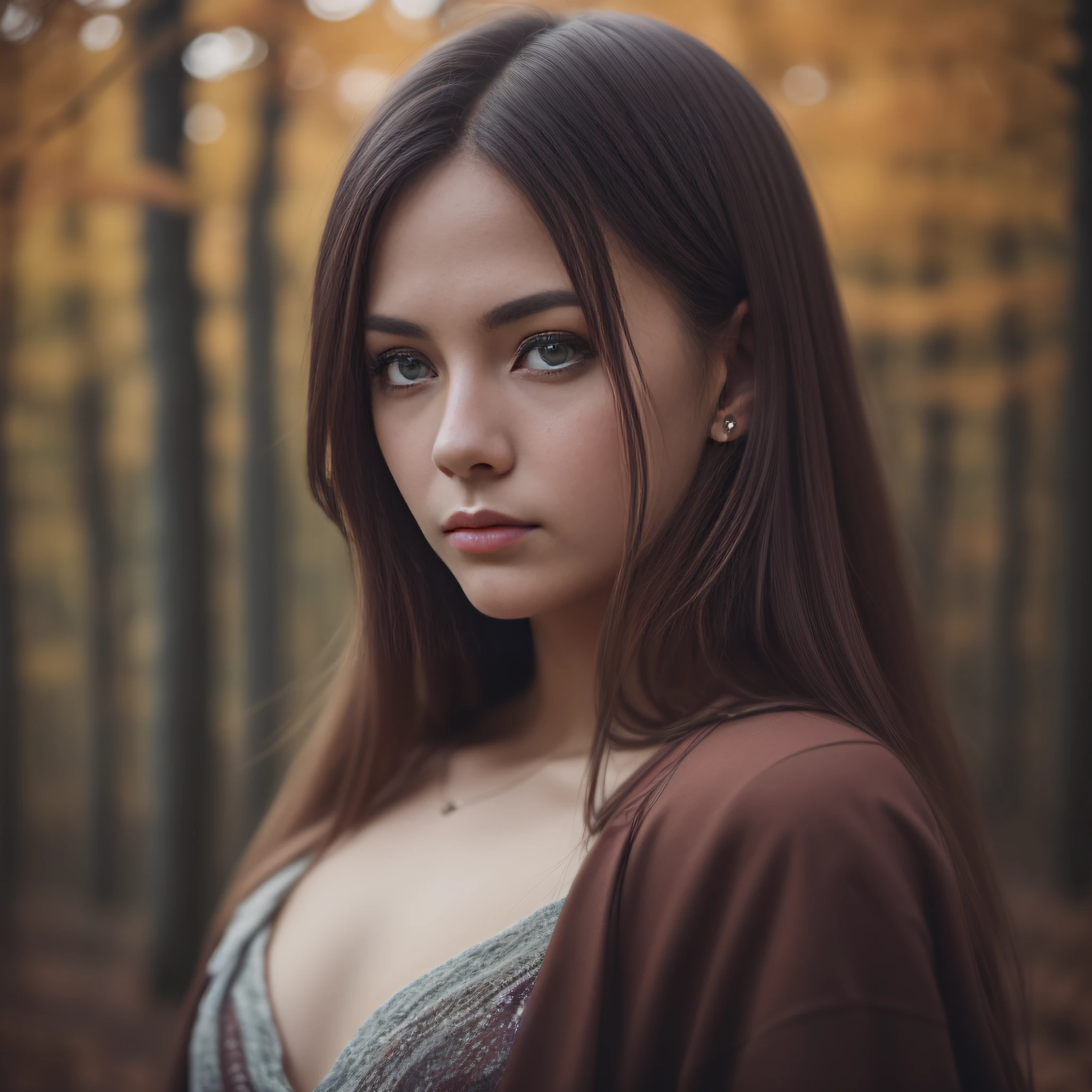 (film photo:1.3)nin(Realistic:1.3)sportrait,25-year-old European female,the night,Beautiful dense autumn forest,background inside dark,Sharp focus,Depth of sharpness,fidelity,ultra detali,highly detaile。(16k,cinematic colorgrade,24mm lens,lower angle,skin textures)