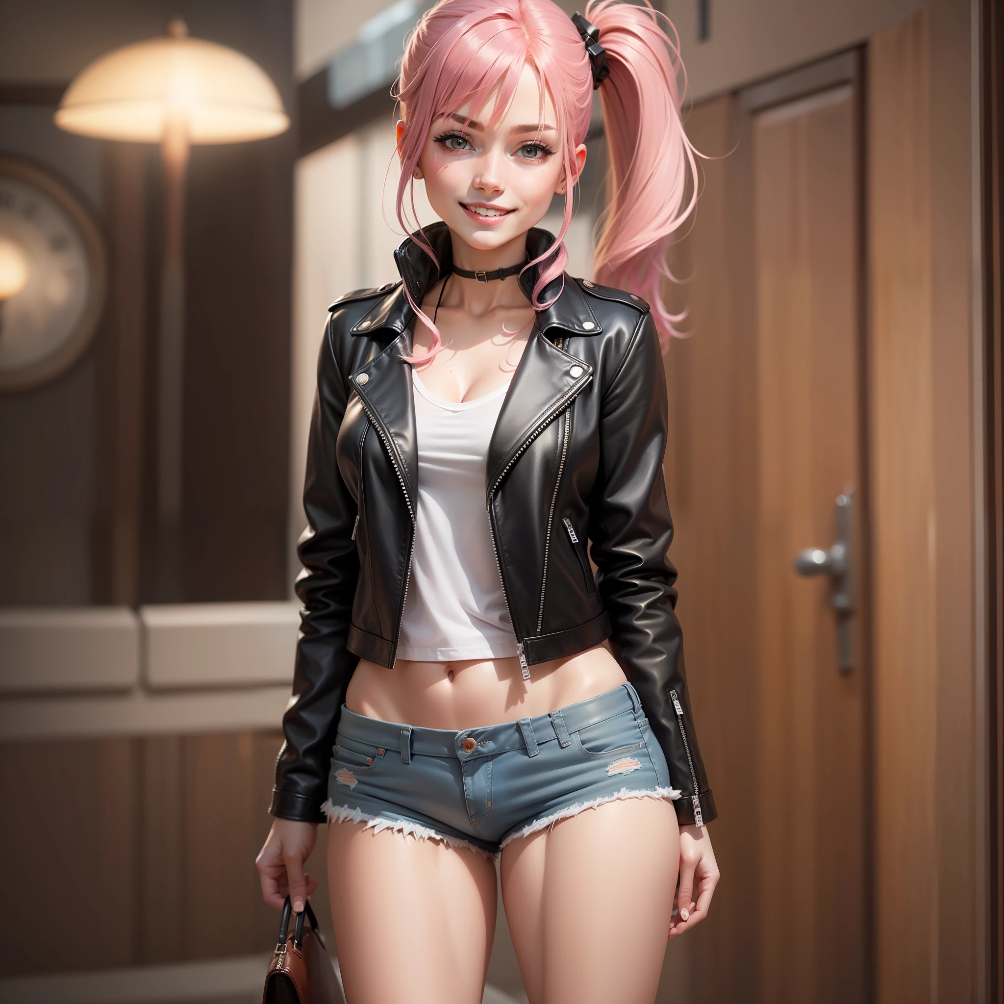 babes Long poneyTail a leather jacket a smile beste-Qualit masterpiece Pink hair Loose socks Super-High Resolution