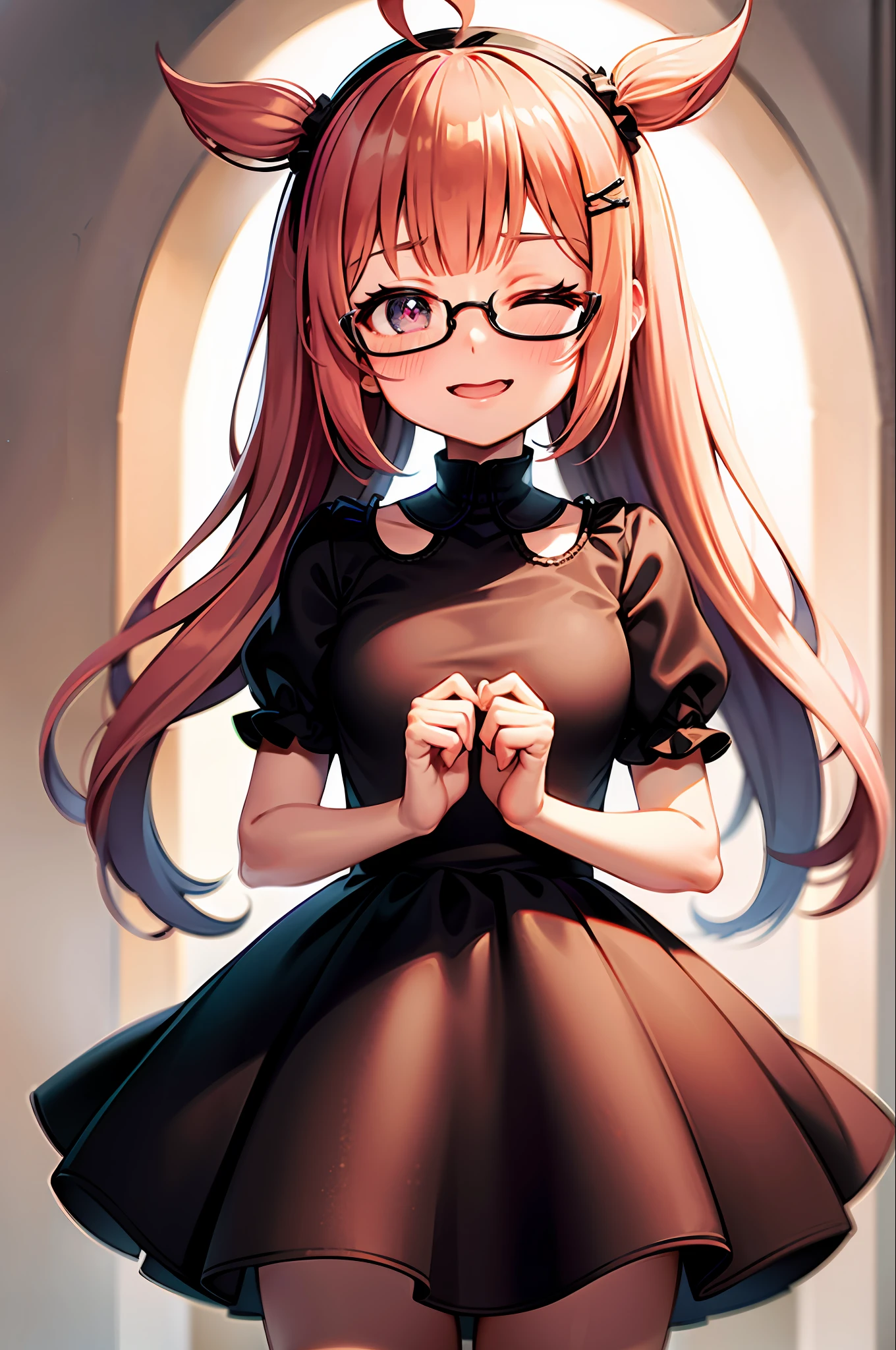 pink hair, blunt bangs, bangs, ponytail, twintails, short ponytail, sidelocks, heart ahoge, hairpin, hair ribbon, hairclip, hair ornament, hair bow, bespectacled, hair scrunchie, heart hair ornament, bow hairband, pink hairband, heart-shaped pupils, mismatched pupils, one eye closed, sparkling eyes, cheek pinching, cheek pinching, facing another, excited, nose blush, naughty, interior architecture, anime, Minimalism, anime style, depth of field, backlighting, ray tracing, 16k, highres, best quality, high quality, high details, super detail, masterpiece