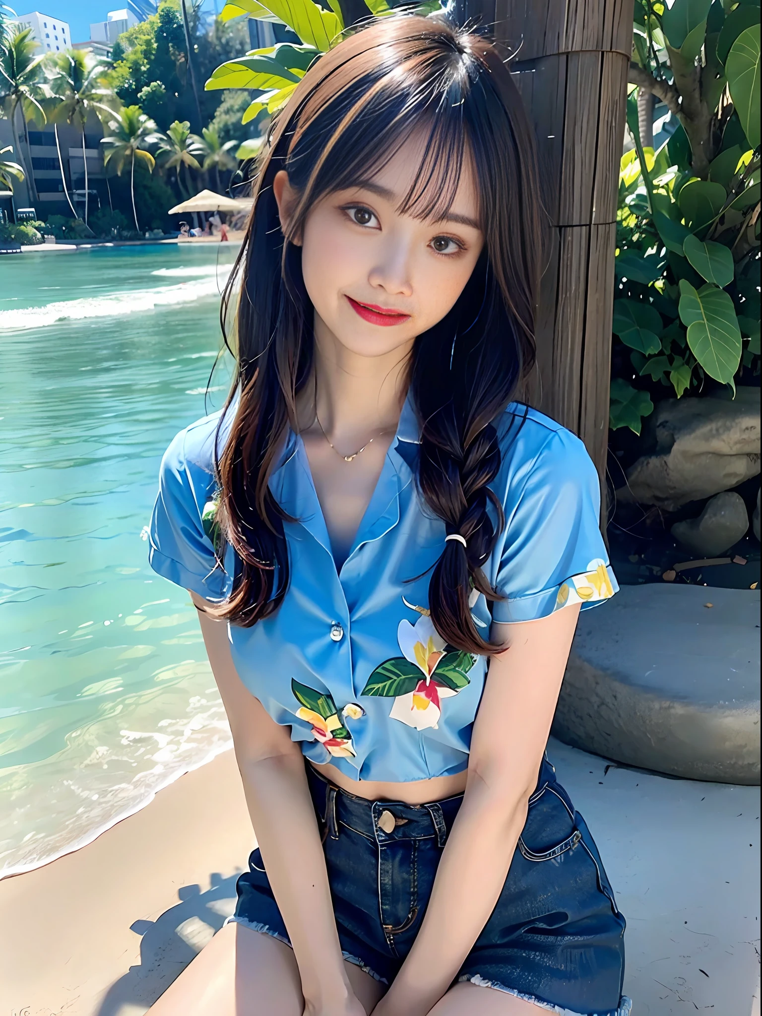 (Short Sleeve Hawaiian Shirt、Aloha shirts:1.3)、(open-shirt、A smile:1.4)、​masterpiece、beste-Qualit、cowboy shot、denim hot-pants、thighs thighs thighs thighs、beautiful a girl、the beach、Blue sky and sea、looking at the viewers、Small waist、8K、Official art、Raw foto、Incredibly absurd、face lights、Dynamic lighting、电影灯光、bikini top、A hyper-realistic、large resolution、The photograph、film grains、chromatic abberation、foco nítido、highestdetailed、 Palm trees、highly detaile、An ultra-detailliert、detaile、extremely detailed eye and face。Brown hair。Braids。Kneeling。length hair。shortpants。Navel Ejection。