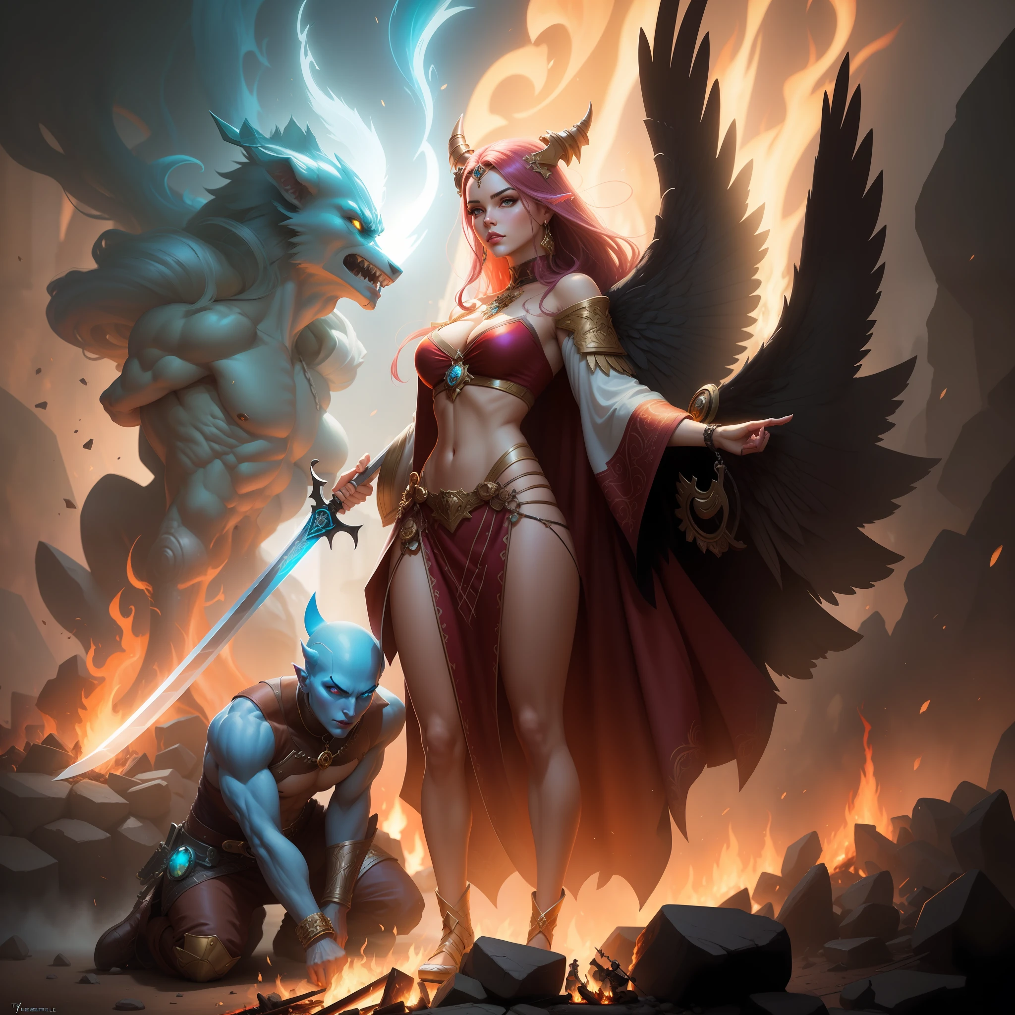 A goddess with a sword and a demon stand in front of the fire, artgerm julie bell beeple, author:Jeremy Chang, Fantasy art Behance, tyler edlin fantasy art, peter mohrbacher and artgerm, author:Johannes Helgesen, 4K fantasy art, aly fell and artgerm, High quality fantasy art