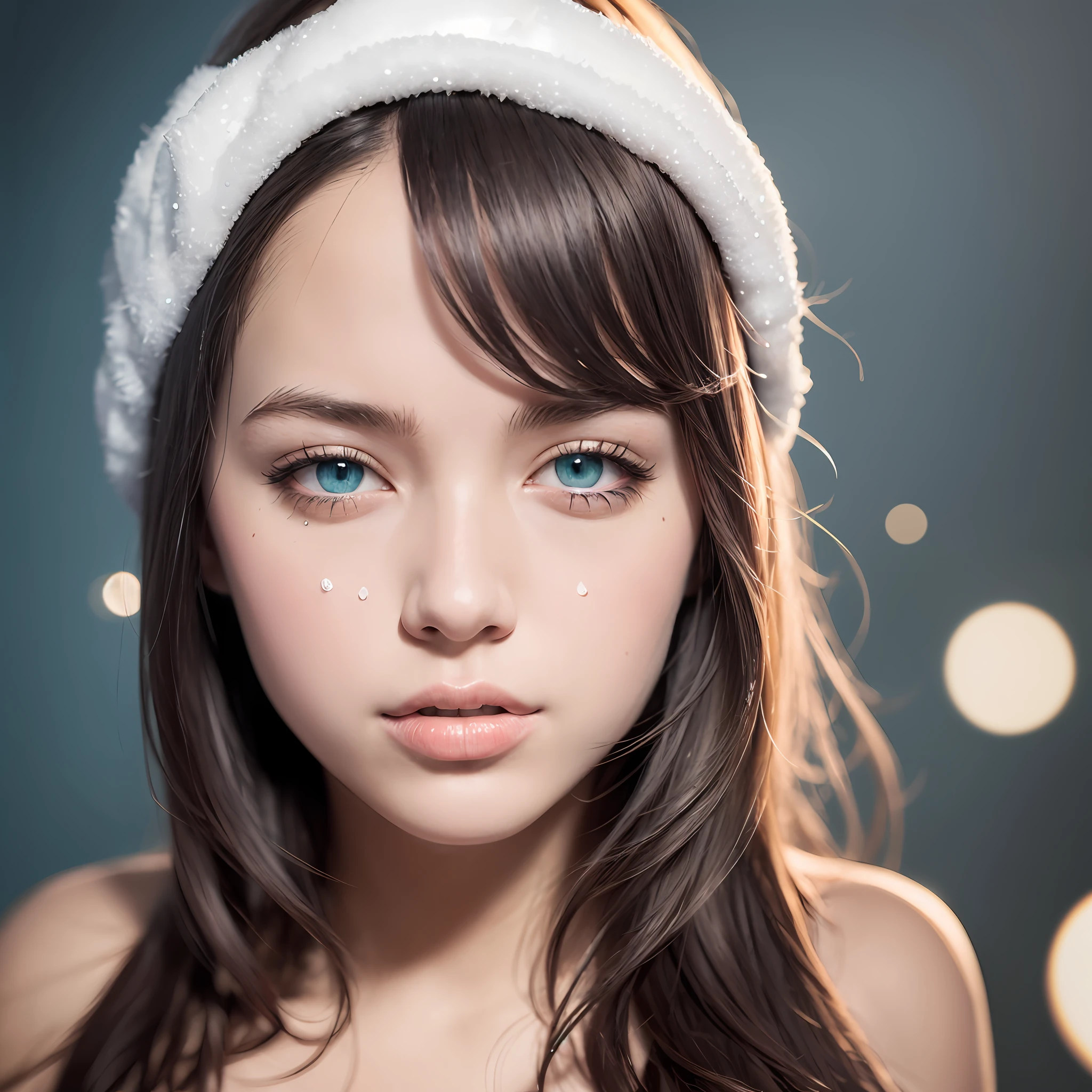 Beautiful face, 1 gerl 25 y.o female body aesthetic, snowflake dress, snowflake elemental, realistic, 32k, professional photo, high quality, detail, lumen glow, hyperrealism, photorealism,crystals, glitter, mystical lumen lighting --auto