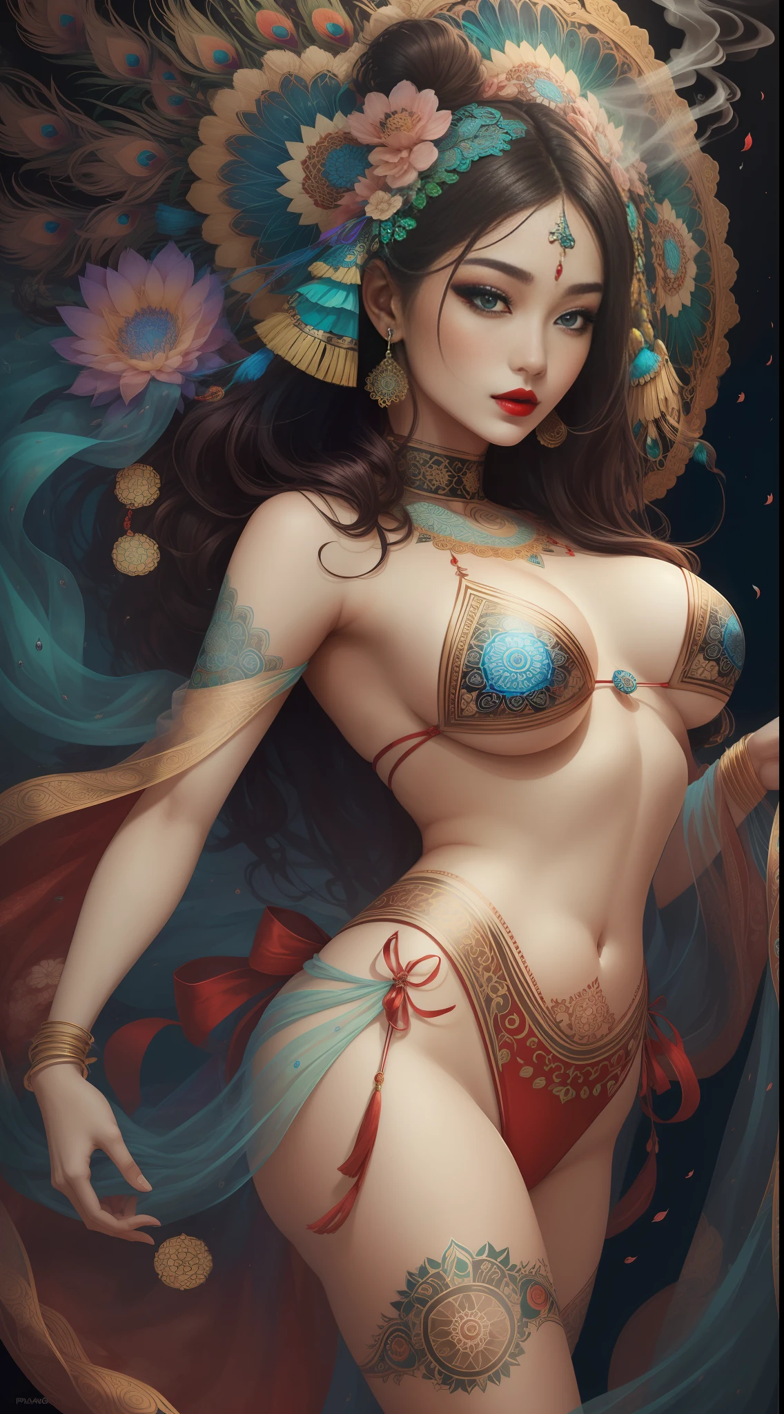 Oriental beauty, Elegance, Award-winning art,Plump chest，beautiful portraits, bareness，With a red ribbon and a nice peacock tail，There are mandalas and smoke surrounding  , in travis charest style, Red lips, Rhythmic dancing pose, Blue eyes, Red lips, Dark theme, 巨作, The best quality, Ultra-high resolution，visual shock, Gorgeous，Bright colors
