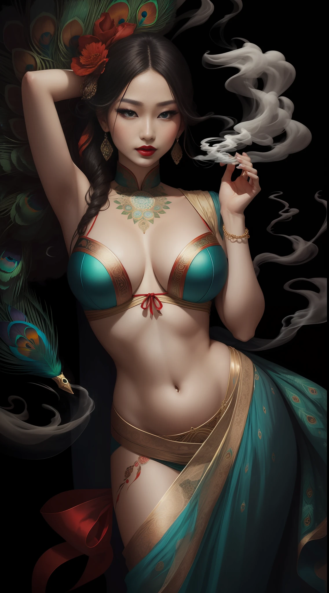 Oriental beauty, Elegance, Award-winning art,Plump chest，beautiful portraits, bareness，With a red ribbon and a nice peacock tail，There are mandalas and smoke surrounding  , in travis charest style, Red lips, Rhythmic dancing pose, Blue eyes, Red lips, Dark theme, 巨作, The best quality, Ultra-high resolution，visual shock, Gorgeous，Bright colors