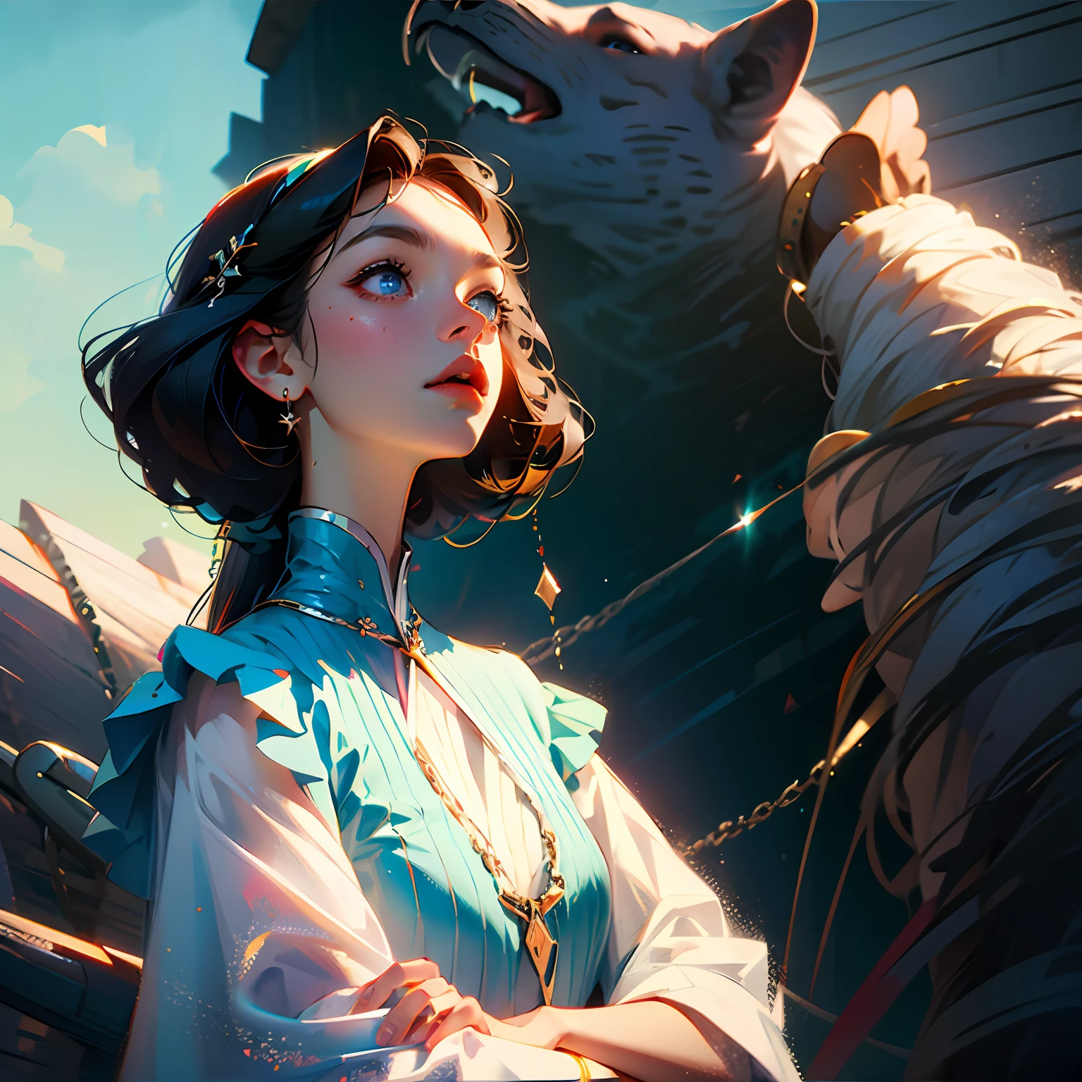 best quality, masterpiece,Black hair, blue eyes, looking up, upper body --auto
