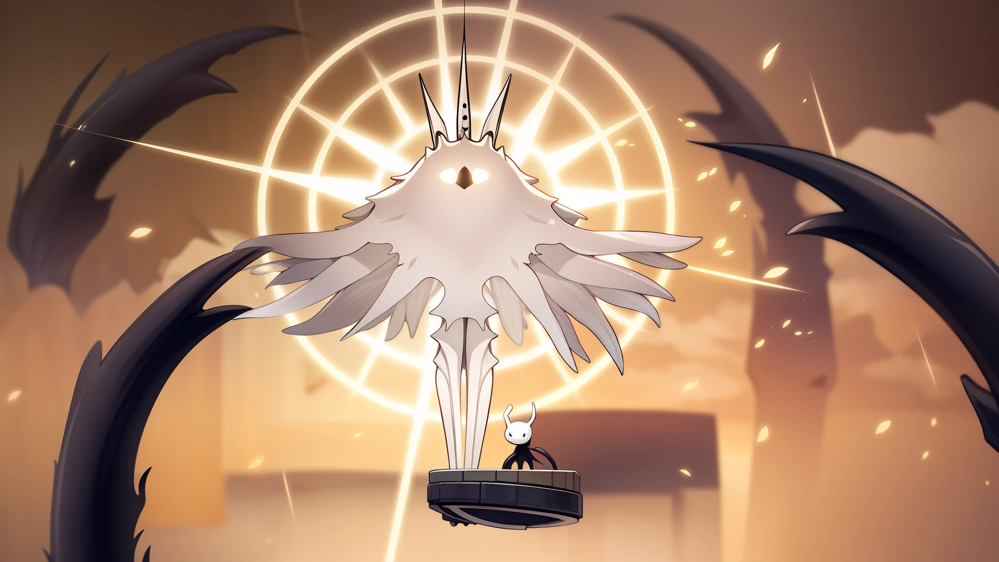 anime character with a white bird on a black and white plate, hollow knight, hollow knight style, hollow knight concept art, hollow knight screenshot, the knight from hollow knight, portrait of hollow knight, in style of cytus and deemo, The Radiance as a darksouls boss before the knight, exquisite and soft painting style, cinematic lighting effects, high-definition picture quality, soft light, Tyndall effect, dreamy, rich details, refer to Gu Kaizhi, 32k, high quality, high resolution, (very detailed CG unity 8k wallpaper) --auto