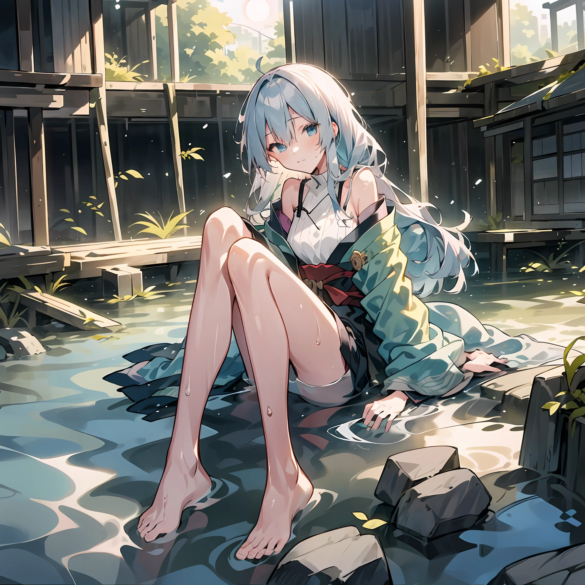 Ultra-high resolution, Japanese anime style, gray-haired girl, Wet with water, Translucent clothing, flowing waist-length hair, Slender body, Beautiful lines, Picture ratio 19.5:9 The sun shines high Behind you is an abandoned city A little immersion in the water on your knees Aqua blue eyes