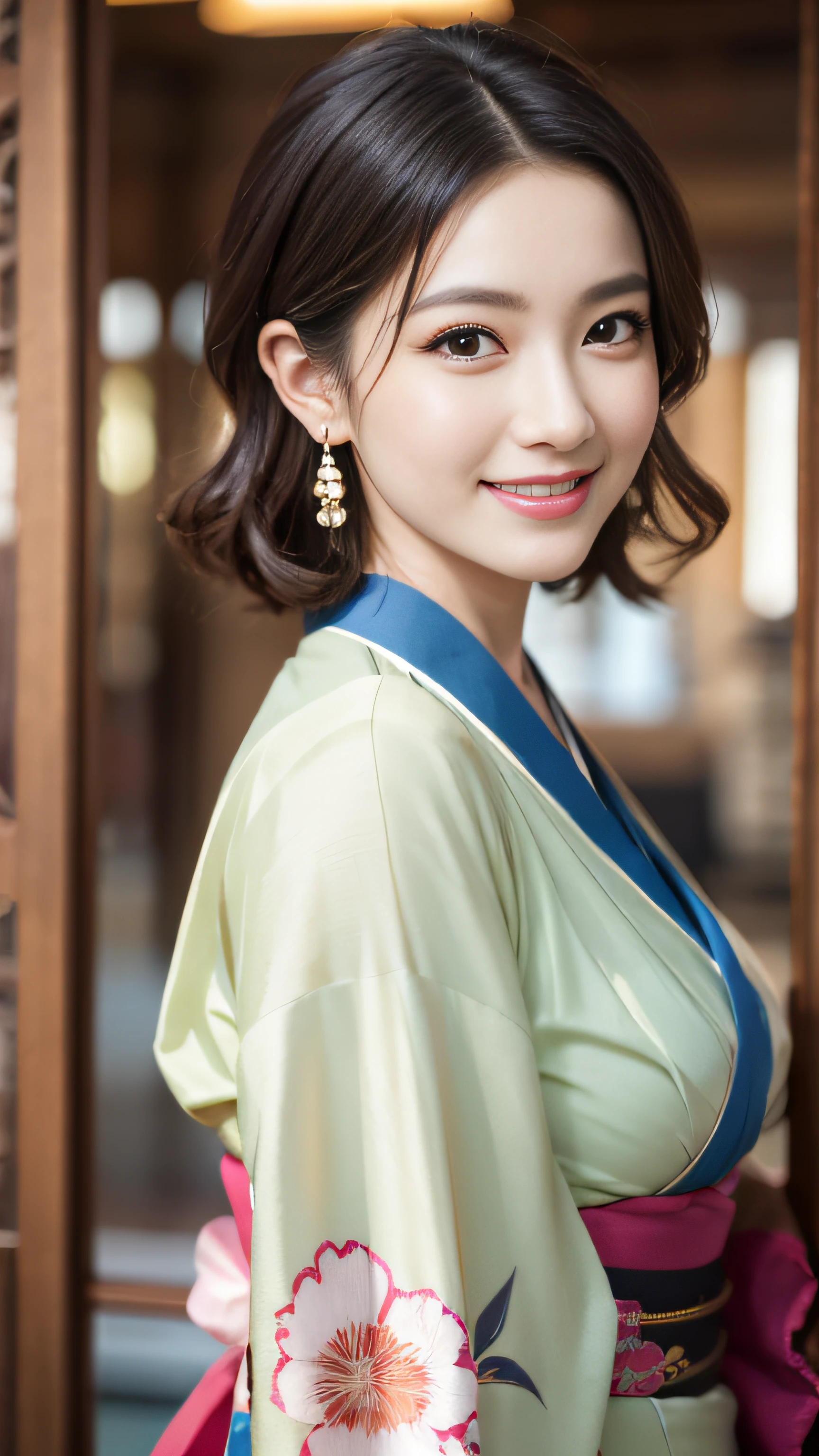 4K, Masterpiece, highres, absurdres,natural volumetric lighting and best shadows, smiling,deep depth of field,soft delicate beautiful attractive face, beautiful edgOiran_woman, a woman in a kimono posing for a picture ,perfect edgOiran_face,perfect edgOiran_body,edgOiran_makeup,edgOiran_hairstyle