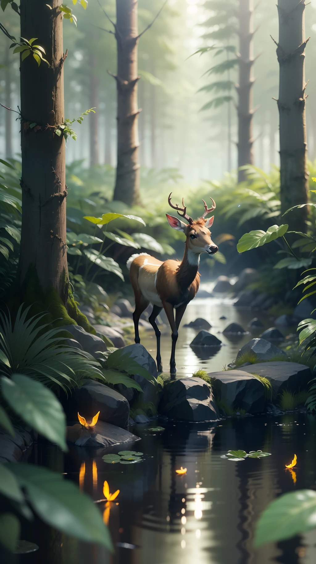 Masterpiece, best quality, (very detailed CG unified 8k wallpaper), (best quality), (best illustration), (best shadow), glowing elf with a glowing deer, drinking water in the pool, natural elements in forest theme. Mysterious forest, beautiful forest, nature, surrounded by flowers, delicate leaves and branches surrounded by fireflies (natural elements), (jungle theme), (leaves), (branches), (fireflies), (particle effects) and other 3D, Octane rendering, ray tracing, super detailed , deer --v6