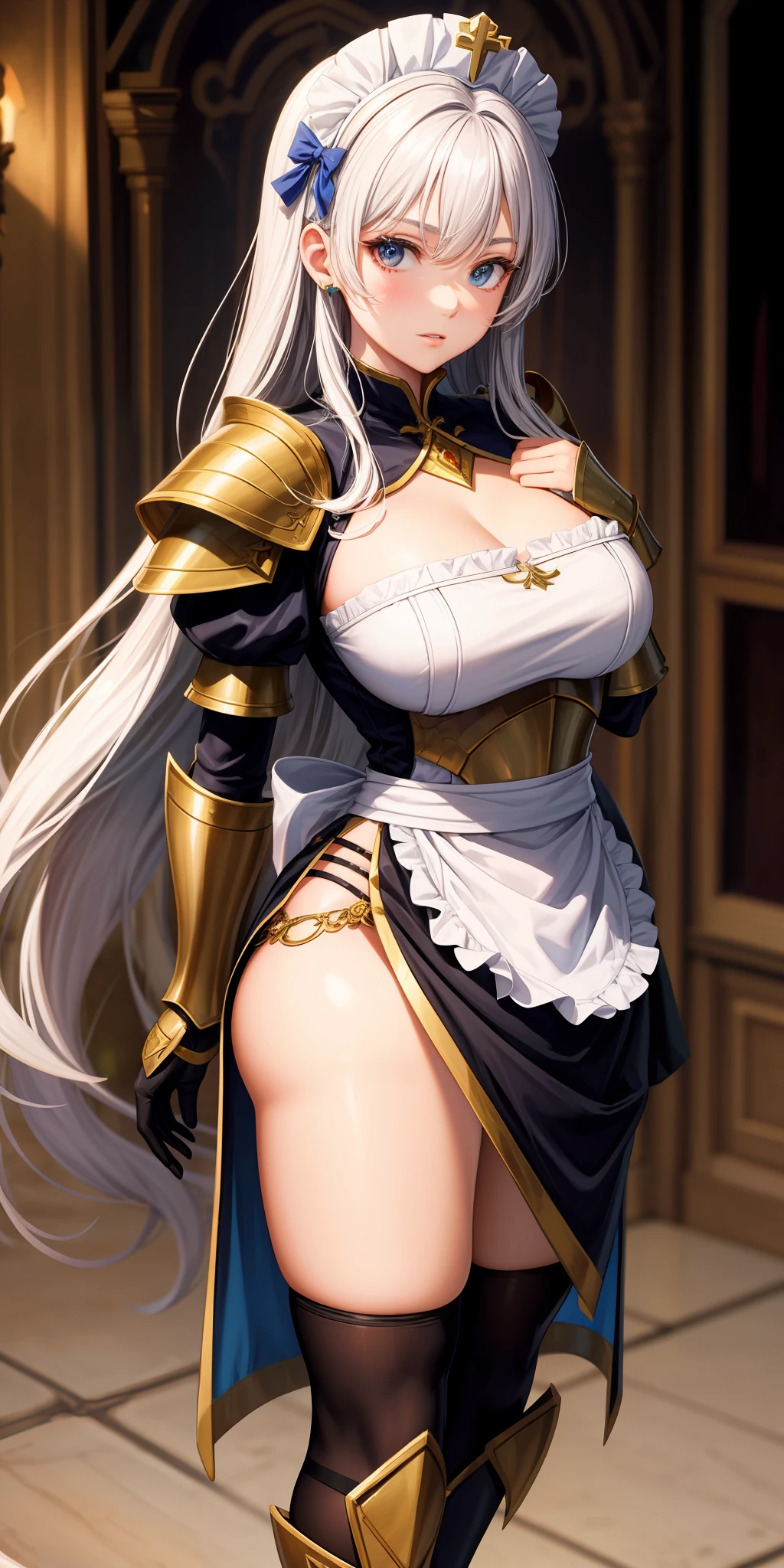 Noelle has typical maid ensemble with the exception of a priestess hat, a cravat, and many fuchsia roses, which she wears as to remind herself to never leak confidential information. Her dress has two bows, one at her hip and the other on her rear, the latter of which her Geo Vision is sat on top of. Gilded white armor plating adorns her chest and she wears a pauldron upon her left shoulder. She also wears black tights beneath her armored boots.