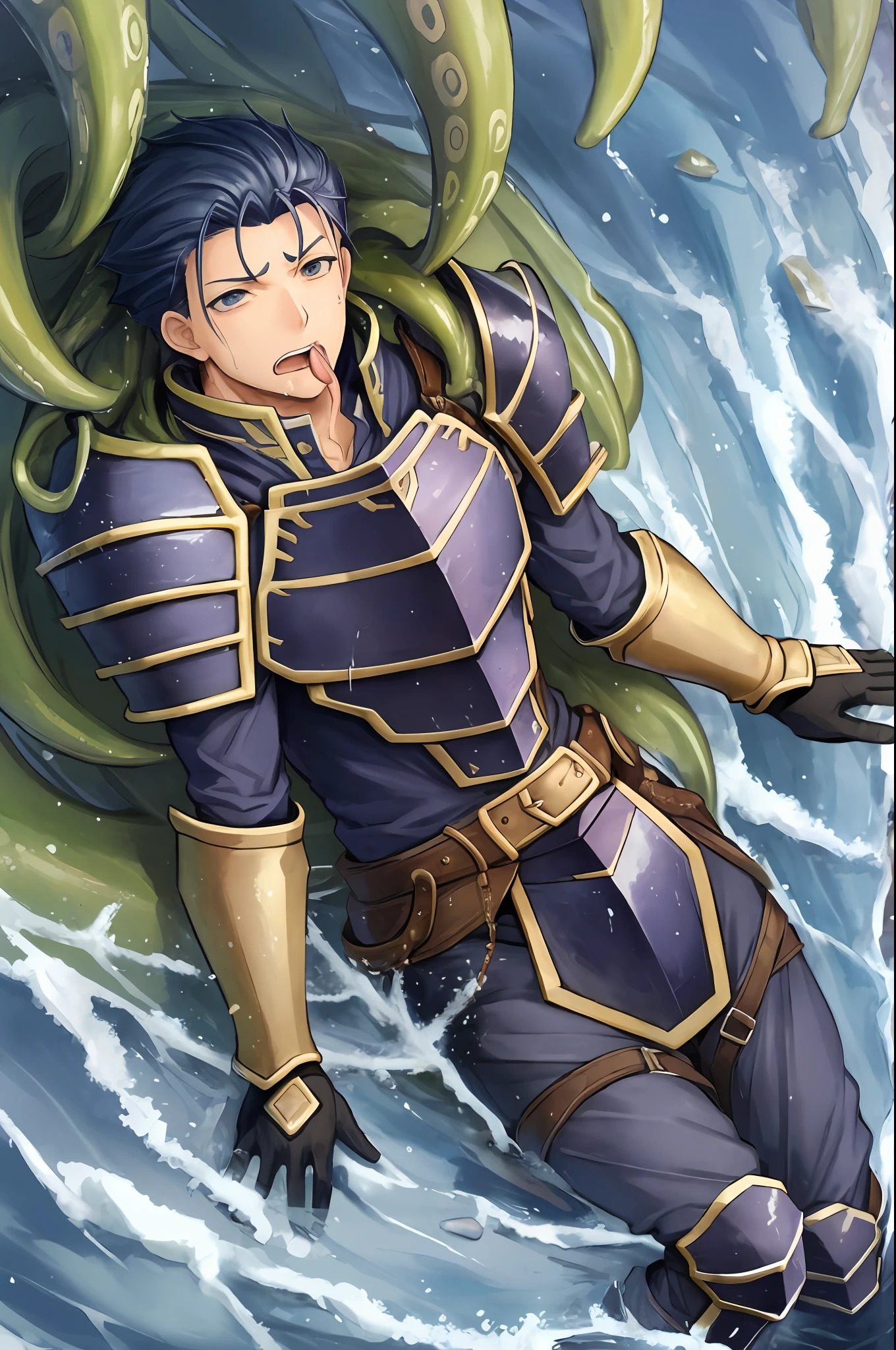 Hector Fey(adult man), 独奏, looking looking at viewer,Tied by tentacles(Mucus-secreting tentacles) ,With his mouth open,droolng,perspire,Tight combat uniform,Armour,Armour,Get wet, mitts, 1 man,weeping,Be red in the face, Male focus,Tentacles wrapped around thighs(Octopus tentacles wrap around thighs), cloaks, Armour, Shoulder armor, Soaked leggings,Wrists bound by tentacles,Waist wrapped around tentacles