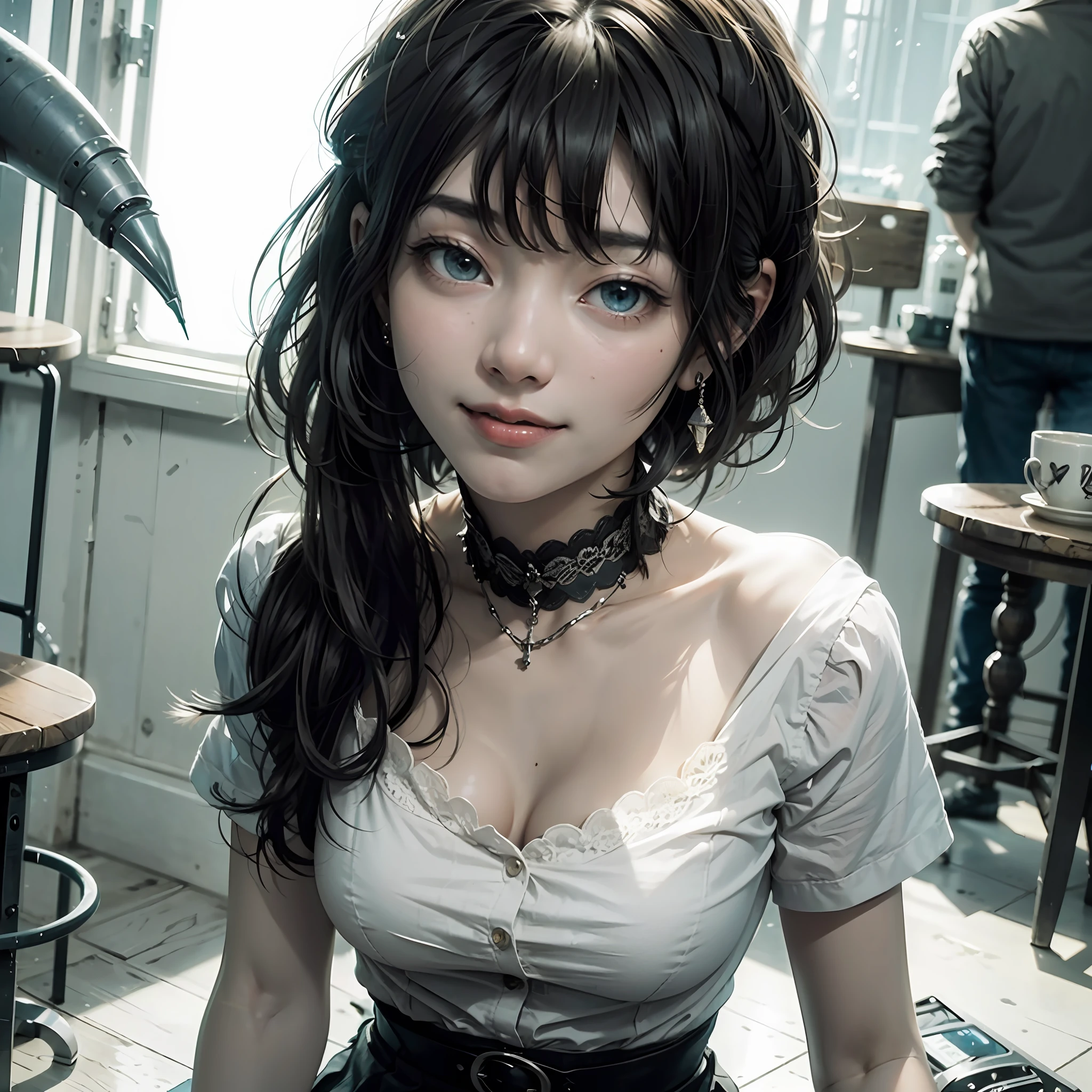(8k, Best Picture Quality, tmasterpiece:1.2), (realisticlying, realisticlying:1.37), ultra detali, 1个Giant Breast Girl, lovly, 独奏, Beautiful detailed sky, Detailed café, natta, sitted, dated, (Nasal redness), (ssmile:1.15),(Mouth closing)smallunderboob,beautiful detailed eyes,(collar shirt:1.1),natta,swet,short skirt,Sateen,White lace,(short haircut:1.2),Flowing hair NovaFrogStyle, --auto