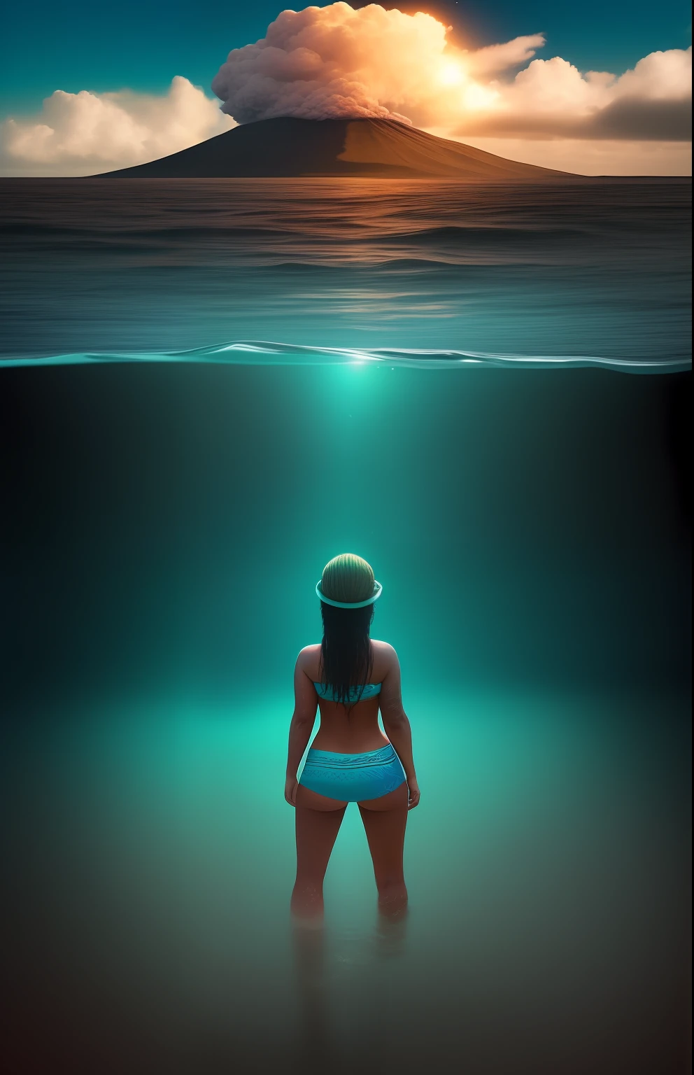 epic movie poster, volcano erupting, award winning (full body:1.3) portrait photo of a (moana:1.2), (seashell bikini:1.2), (water goddess:1.2), tribal tattoos, (wading:1.2) in the pacific (ocean:1.1), arms behind head, (partially submerged shot:1.2), (waves:0.9), desert island background, palm trees, beach,fluffy clouds in the sky, outrun, vaporware, trending on artstation, highly detailed, fine detail, intricate, (lens flare:0.9), (backlighting:0.9), (bloom:0.9), [Style-Micro::10]