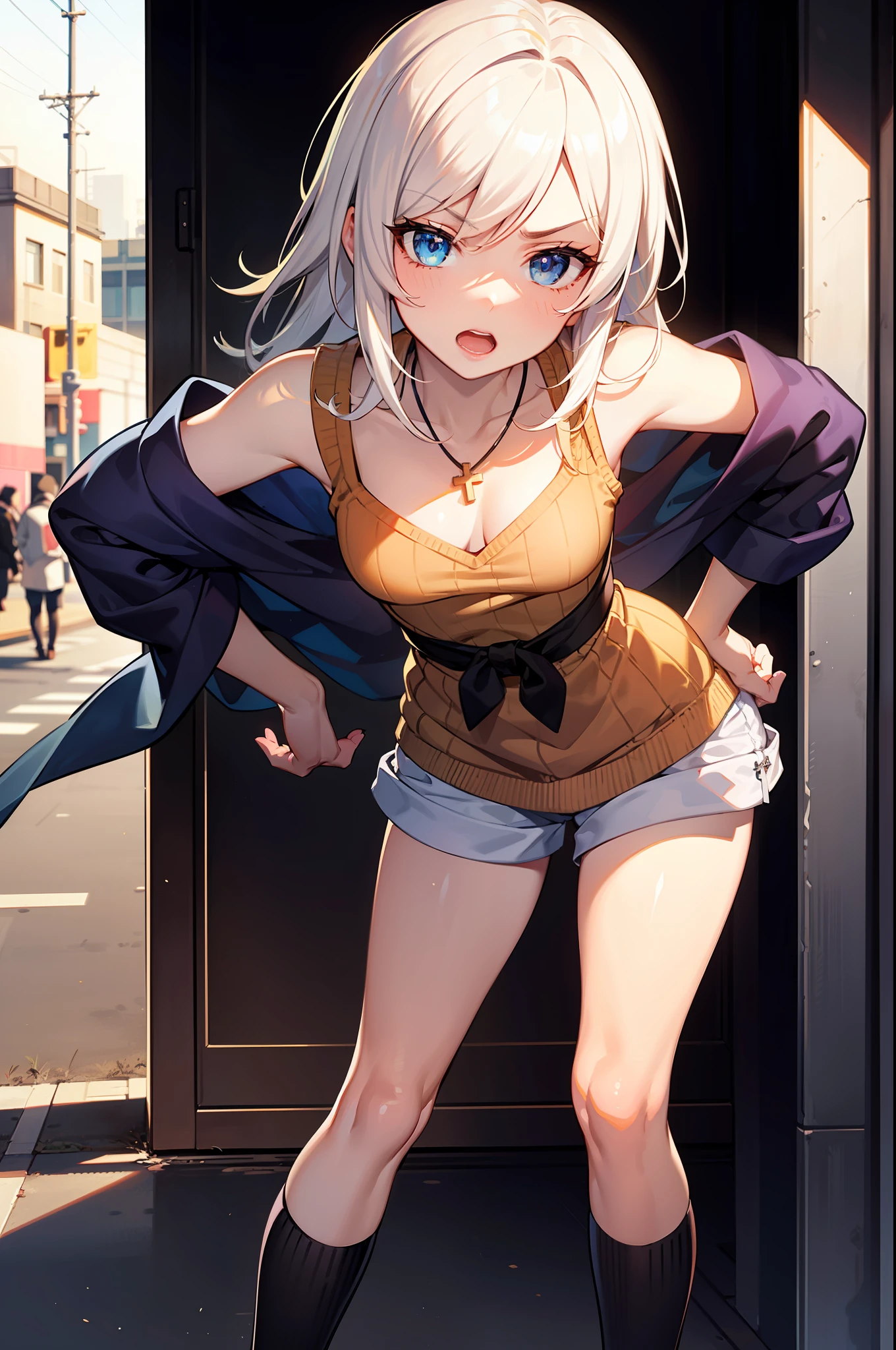 巨作, Best quality, 巨作,Best quality,offcial art,Extremely fine CG uni crewneck y 8k wallpaper, golden hour lighting, strong rimlight, intense shadow, at cyberpunk city, art book, Medium hair, White hair, Blue eyes, Small breasts, Sleeveless shirt, upshorts, kneehighs, jitome, half-closed eye, :crewneck, ((hair shawls)),hair between eye,(A look of disdain),(Gradient hair),dyed bangs,Cross necklace,hand on hips,Leaning forward,Open mouth,Naughty face,thin,a little angry,Long hair