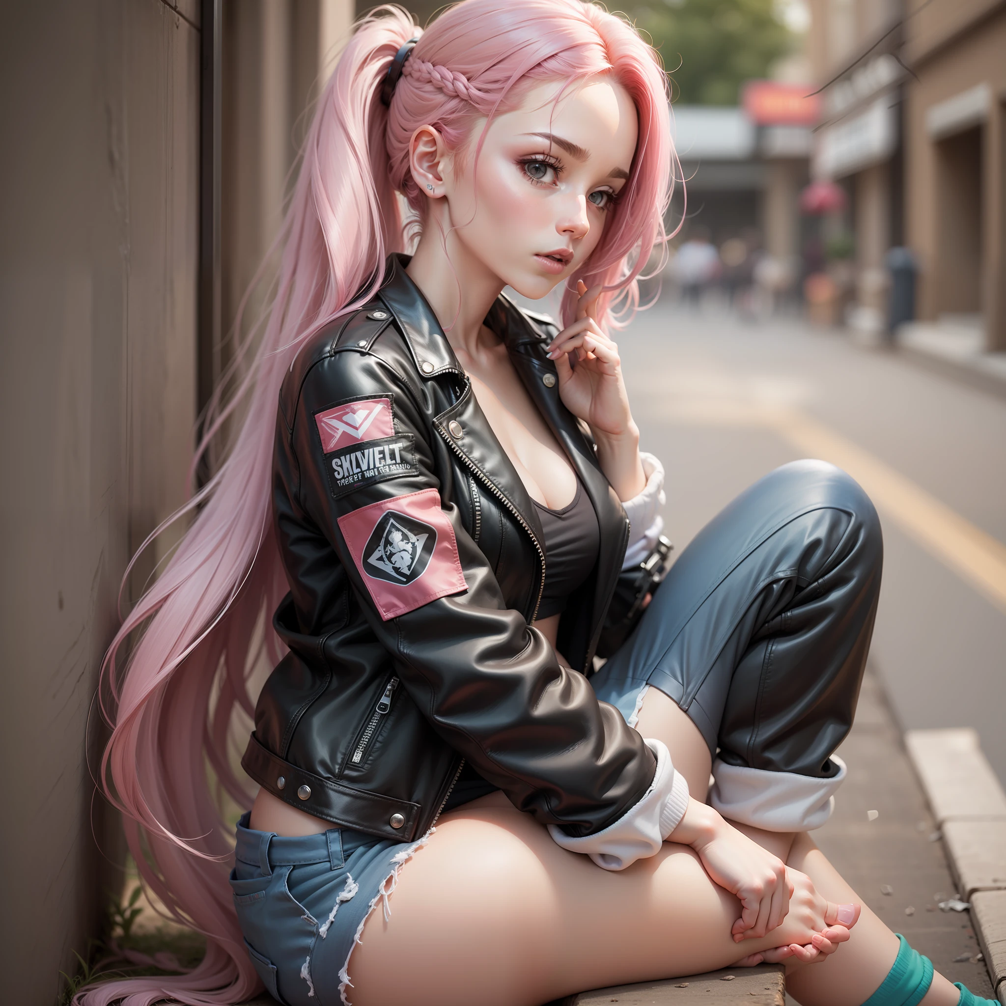 babes　Long　poneyTail　a leather jacket　beste-Qualit　​masterpiece　Pink hair　Loose socks　Super-High Resolution