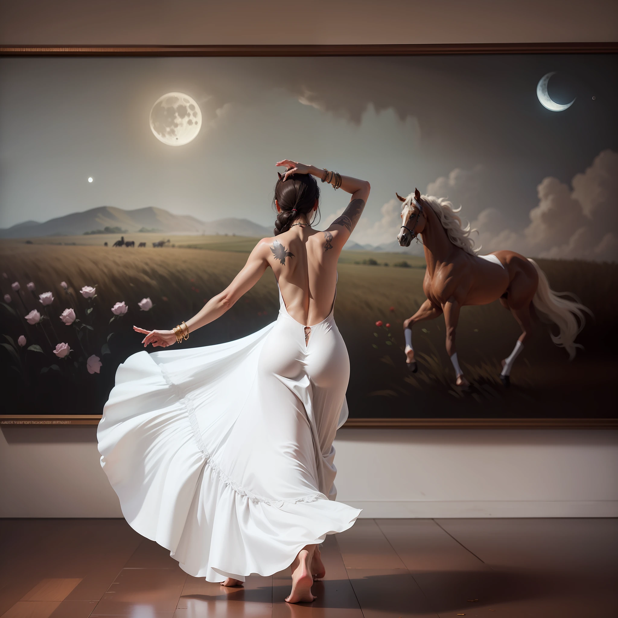 A woman dancing in a white dress in front of a large painting in a gallery in the center of the painting there is a horse and the moon and a wheat field with small roses Her back is bare Barefoot Tattoo in the back anklet in the man --auto