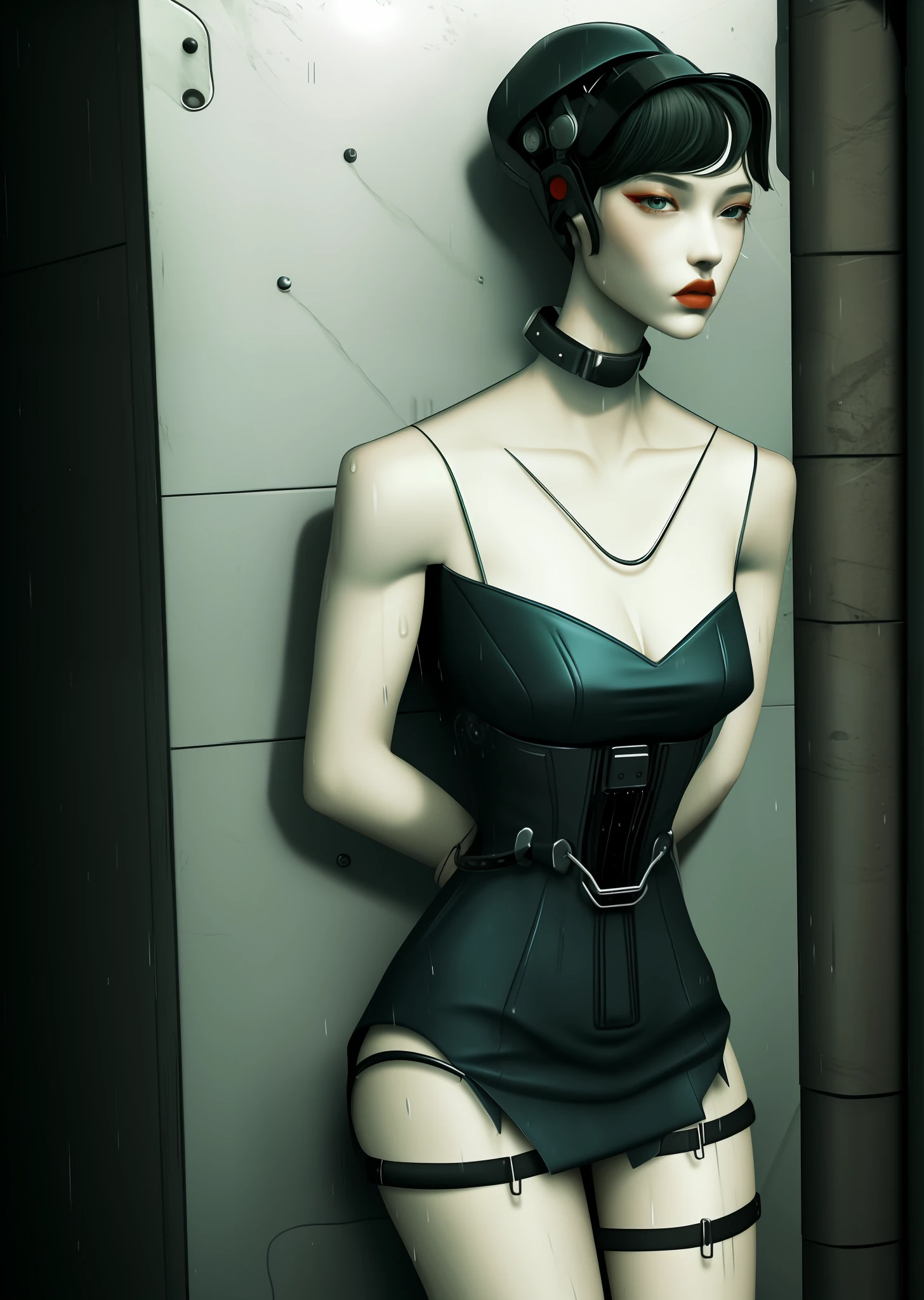 Black Corset, Bondage, (in prison cell), Chained Woman, Full Body, ((arm behind back)), Chained Chain, ((Best Quality, 8k, Masterpiece: 1.3)), Sharp Focus: 1.2, Beautiful Woman in Perfect Shape: 1.4, Slender Abs: 1.2, ((Layer Cut, Big: 1.2)), (Rain, Street: 1.2), Wet Body: 1.5, Highly detailed face and skin texture, detailed eyes, very short hair, BDSM, slave, rubber,fancy night dress, futuristic, cybernetic, cyberpunk, prison,choker, seductive