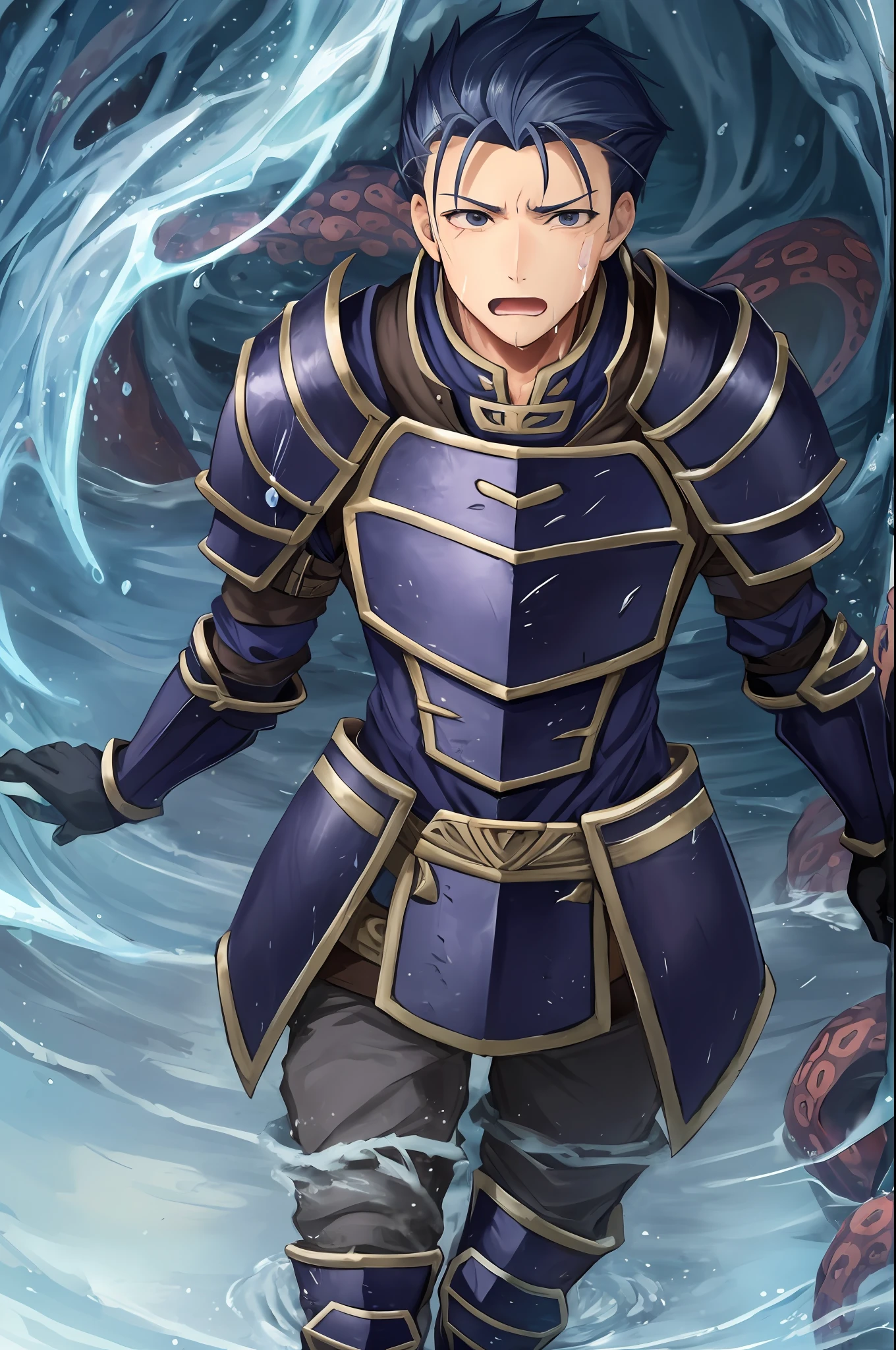 Hector Fey(adult man), 独奏, looking looking at viewer,Tied by tentacles(Mucus-secreting tentacles) ,With his mouth open,droolng,perspire,Tight combat uniform,Armour,Armour,Get wet, mitts, 1 man,weeping,Be red in the face, Male focus,Tentacles wrapped around thighs(Octopus tentacles wrap around thighs), cloaks, Armour, Shoulder armor, Soaked leggings,Wrists bound by tentacles,Waist wrapped around tentacles
