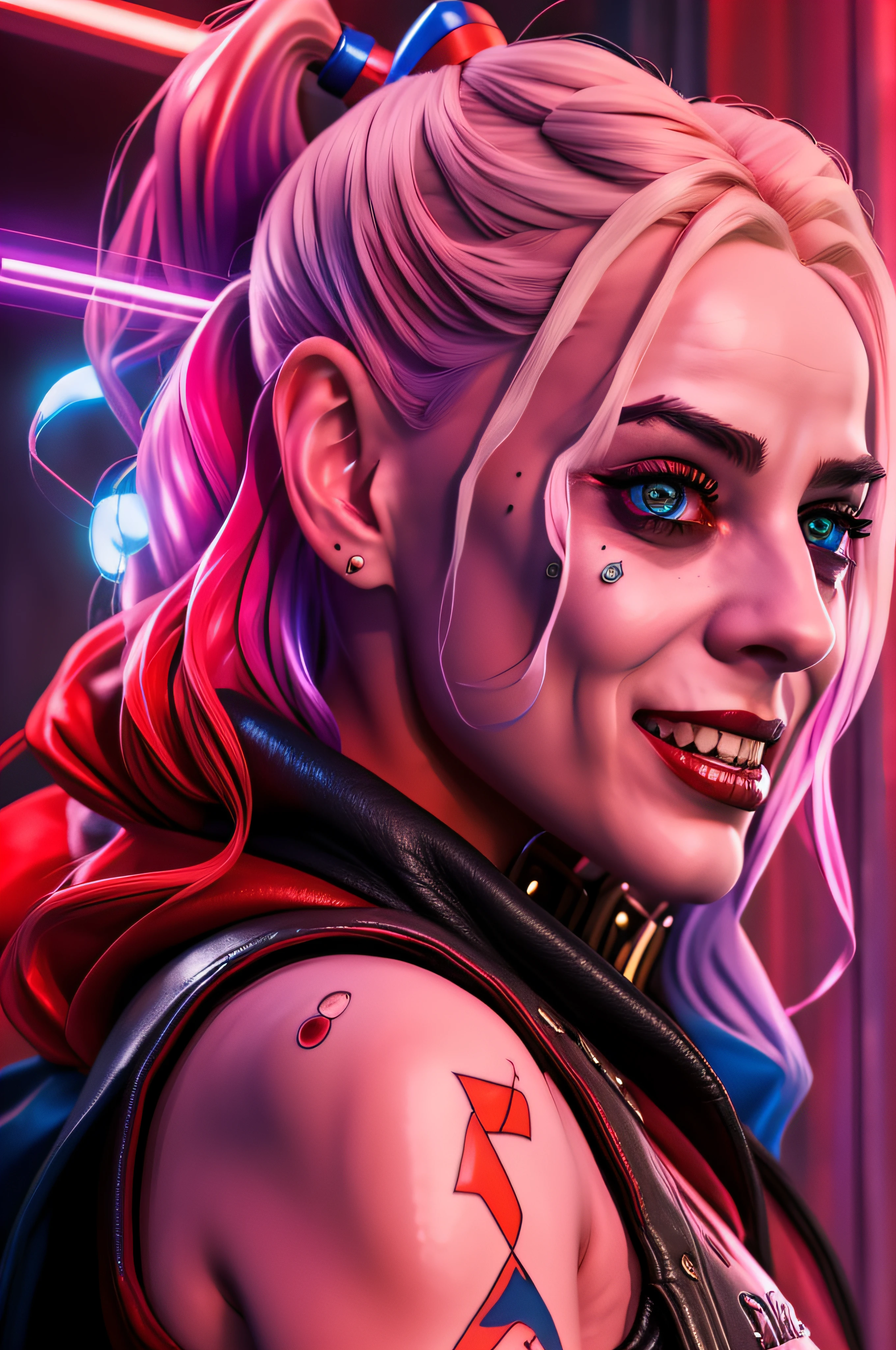 Beautiful close up of gorgeous Harley Quinn in the street, wearing black leather jacket, dynamic pose, sexy, flirty, playful, 32k resolution, photo realistic, hyper realistic, hyper detailed, hyper detailed face, hyper detailed hair, hyper detailed eyes, hyper detailed mouth, best quality, natural looking, life like, triadic colors, complementary colors, volumetric lighting, dynamic lightning, side light, epic, cinematic, dynamic, dramatic, stunning, fantasy concept art, perfect, smooth, orange, red, pink and purple hues, colorful, bright colors, deep colors, color depth