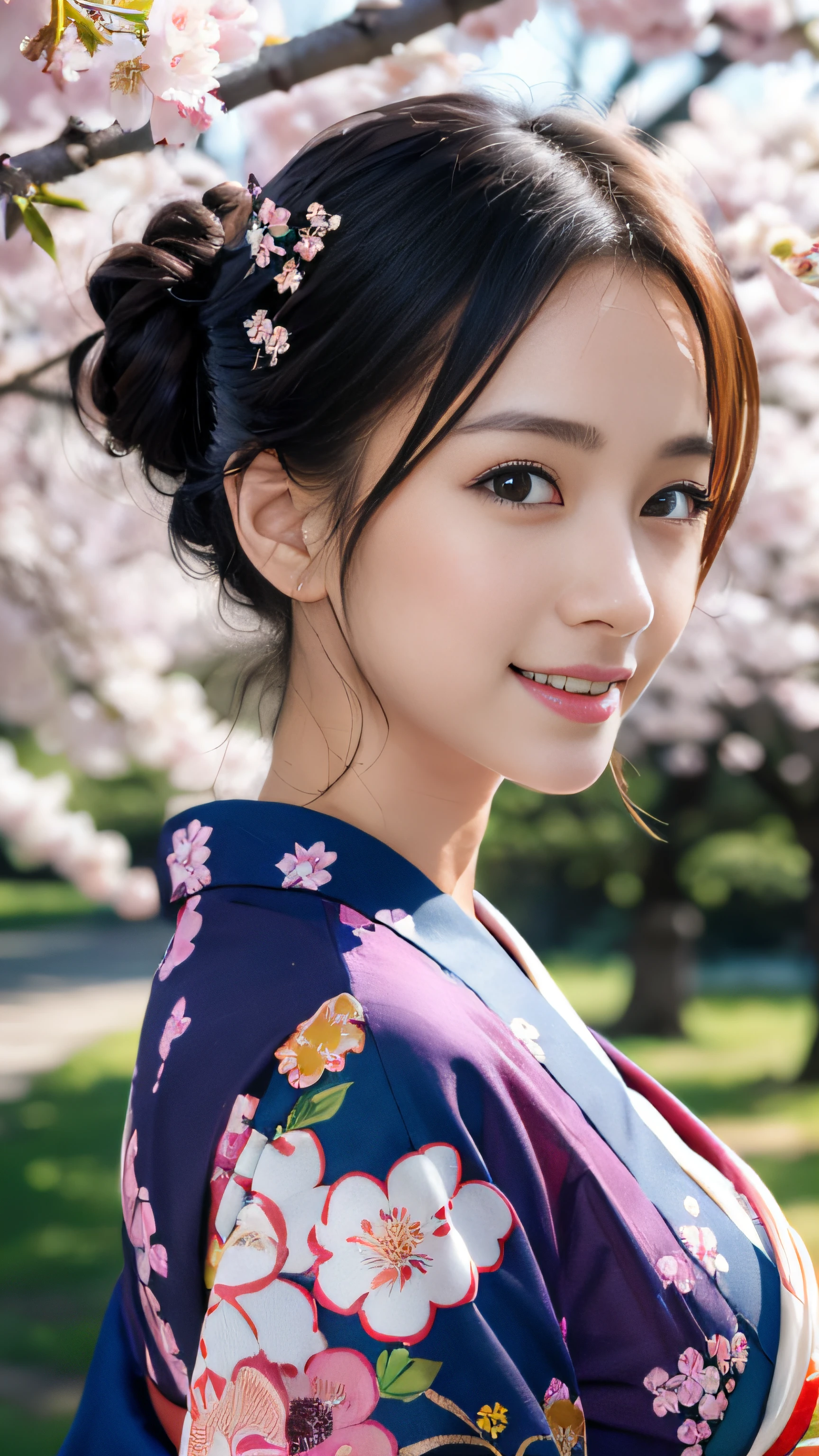 (realistic:1.3), finely detailed, quality, rembrandt lighting, (masterpiece:1.2), (photorealistic:1.2), (best quality), (detailed skin:1.3), (intricate details), dramatic, ray tracing, 1girl, japanese girl, smiling, updo hair, 21 years old, medium breasts, (colorful kimono:1.2),(japanese clothes:1.2),(floral print),(long sleeves), (cherry blossom trees, river, spring, Sun, Clouds, strolling, nature, forest),
