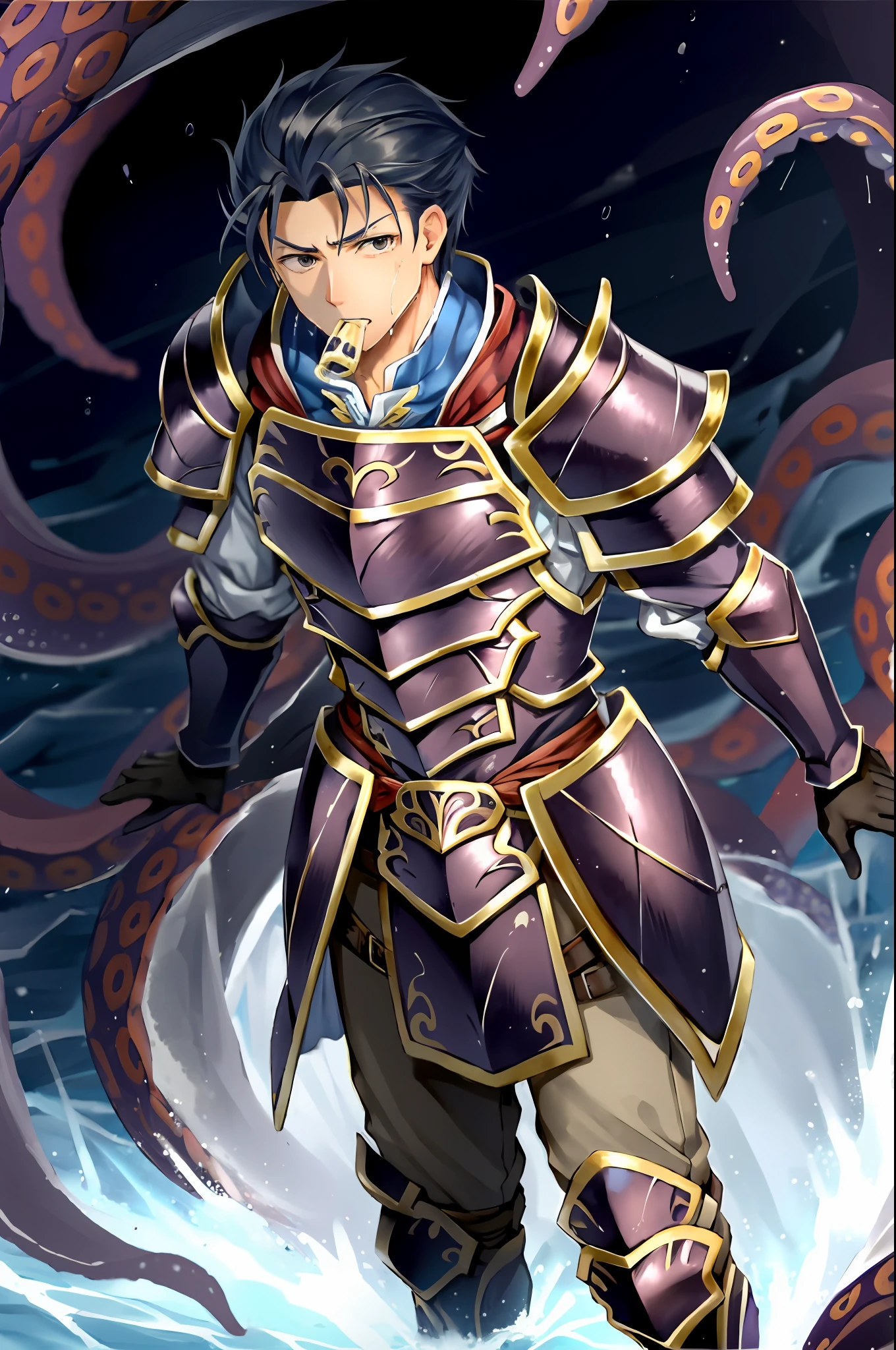 Hector Fey(adult man), 独奏, looking looking at viewer,Tied by tentacles(Mucus-secreting tentacles) ,With his mouth open,droolng,perspire,Tight combat uniform,Armour,Armour,Get wet, mitts, 1 man,weeping,Be red in the face, Male focus,Tentacles wrapped around thighs(Octopus tentacles wrap around thighs), cloaks, Armour, Shoulder armor, Soaked leggings,Wrists bound by tentacles,Waist wrapped around tentacles