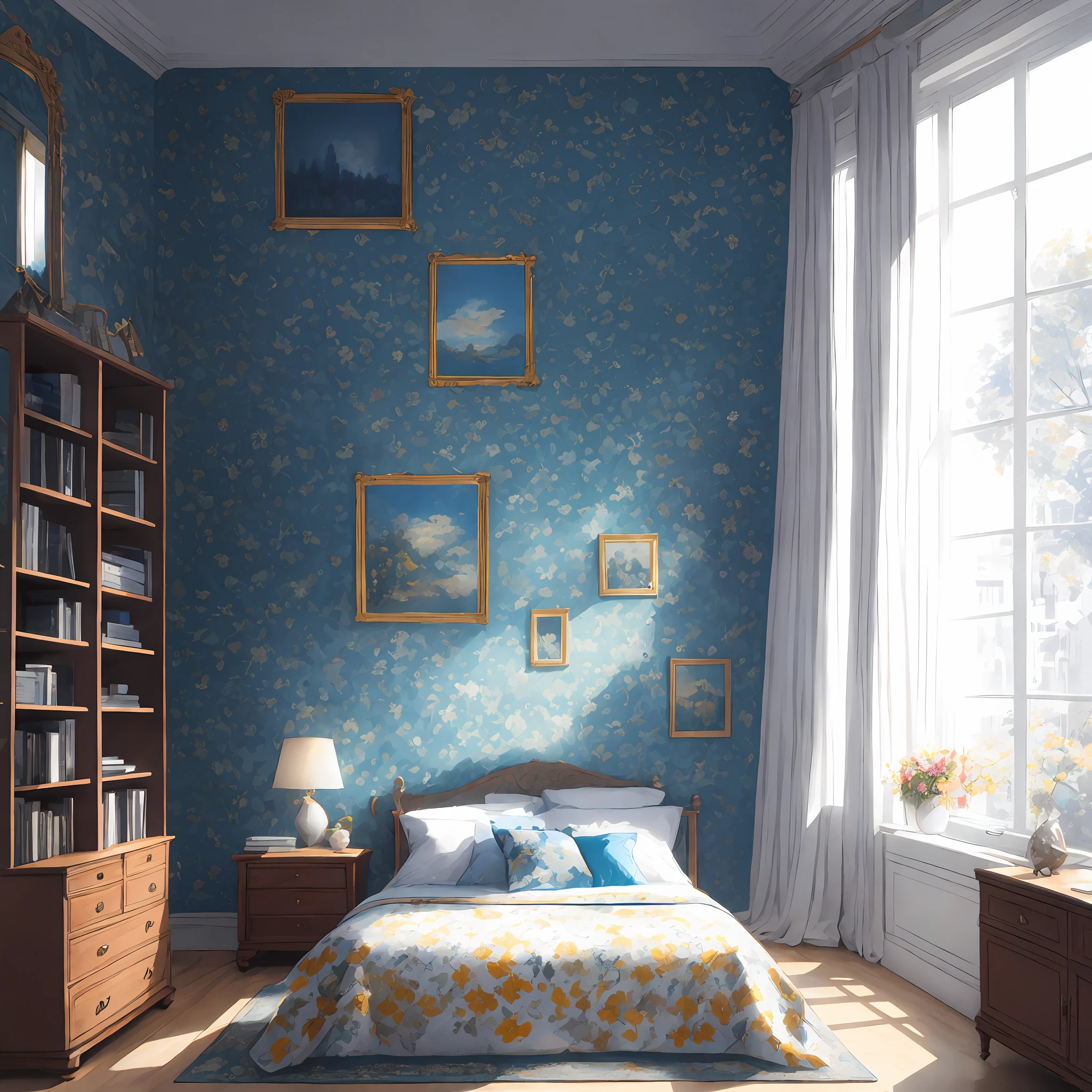 Masterpiece, best quality, high quality, very detailed CG uniform 8k wallpaper, bedroom, indoor, daytime, no humans, fit, landscape, bokeh, HDR, bloom, chromatic aberration, realism, very detailed, trends on artstation, trends on CGsociety, High Detail, art by midjourney, technology, comfory, pixiv, room full of hobbies, just one bed, cartoon, warm light, blue