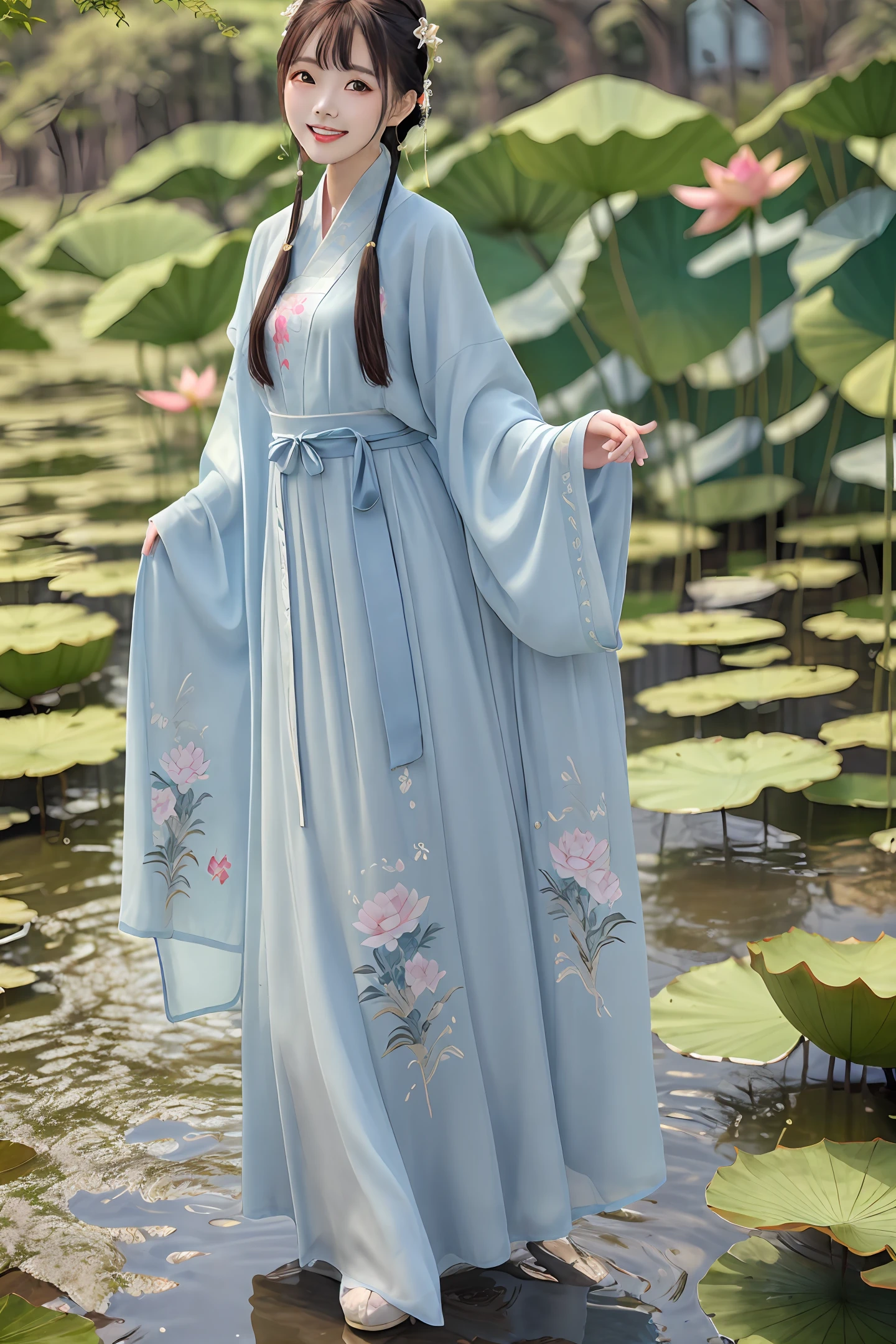 ((4k,masterpiece,best quality)), shuimobysim, traditional chinese ink painting, lotus, hanfu, maxiskit, dress conservatively 1girl, solo, long blue hair, smile, standing, feet in the water, barefoot,