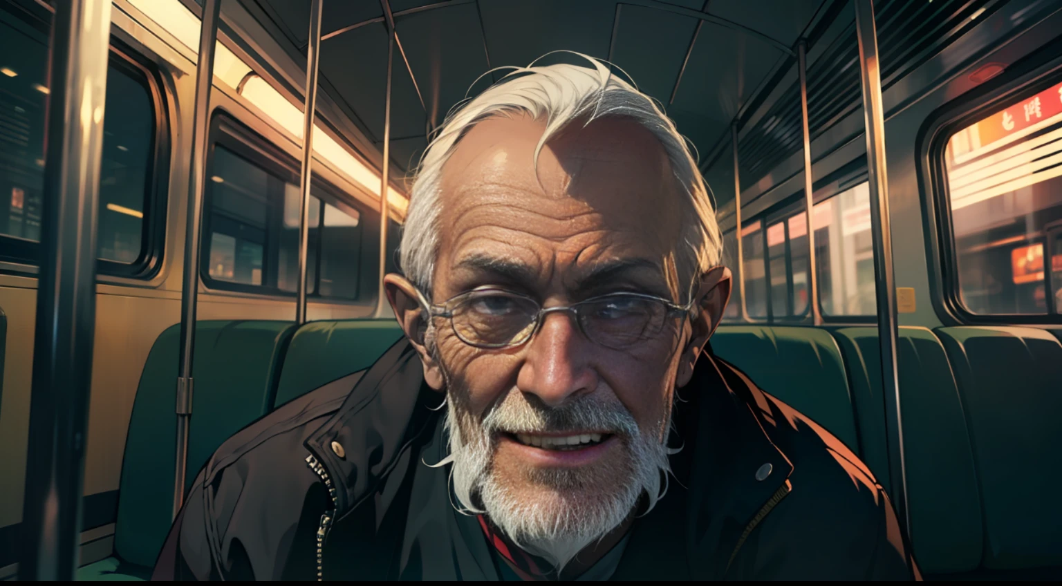 Late at night in the big evening，On a bus,An old man turned his head to look at the camera and said with a smile