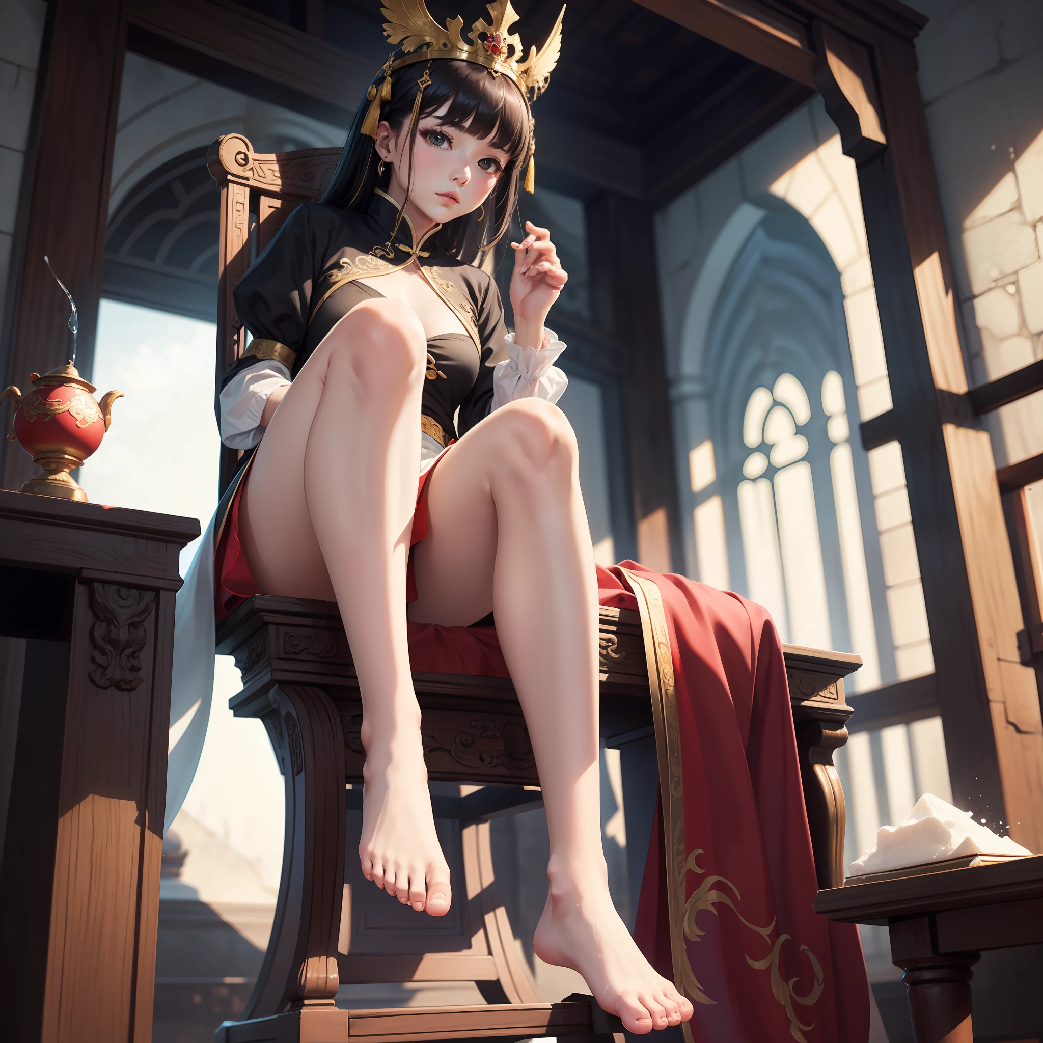 Glory to Kings，Da Qiao sat on a chair with Erlang's bare legs，There is a white liquid on the feet，Highlight the feet，upskirt with --auto