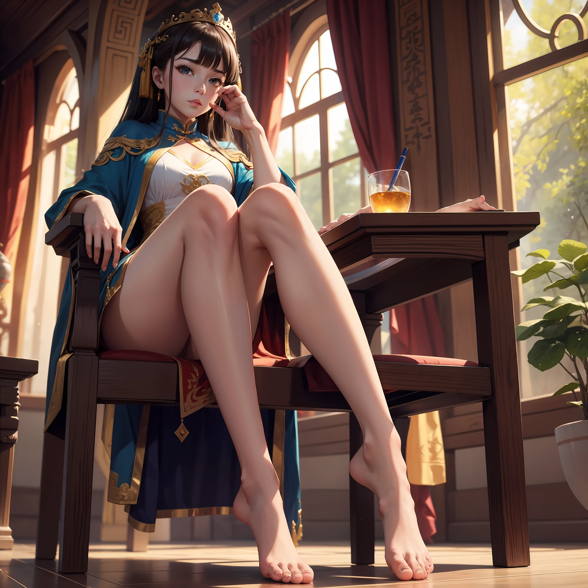 Glory to Kings,Da Qiao sat on a chair with Erlang's bare legs,There is a white liquid on the feet,Highlight the feet,upskirt with --auto