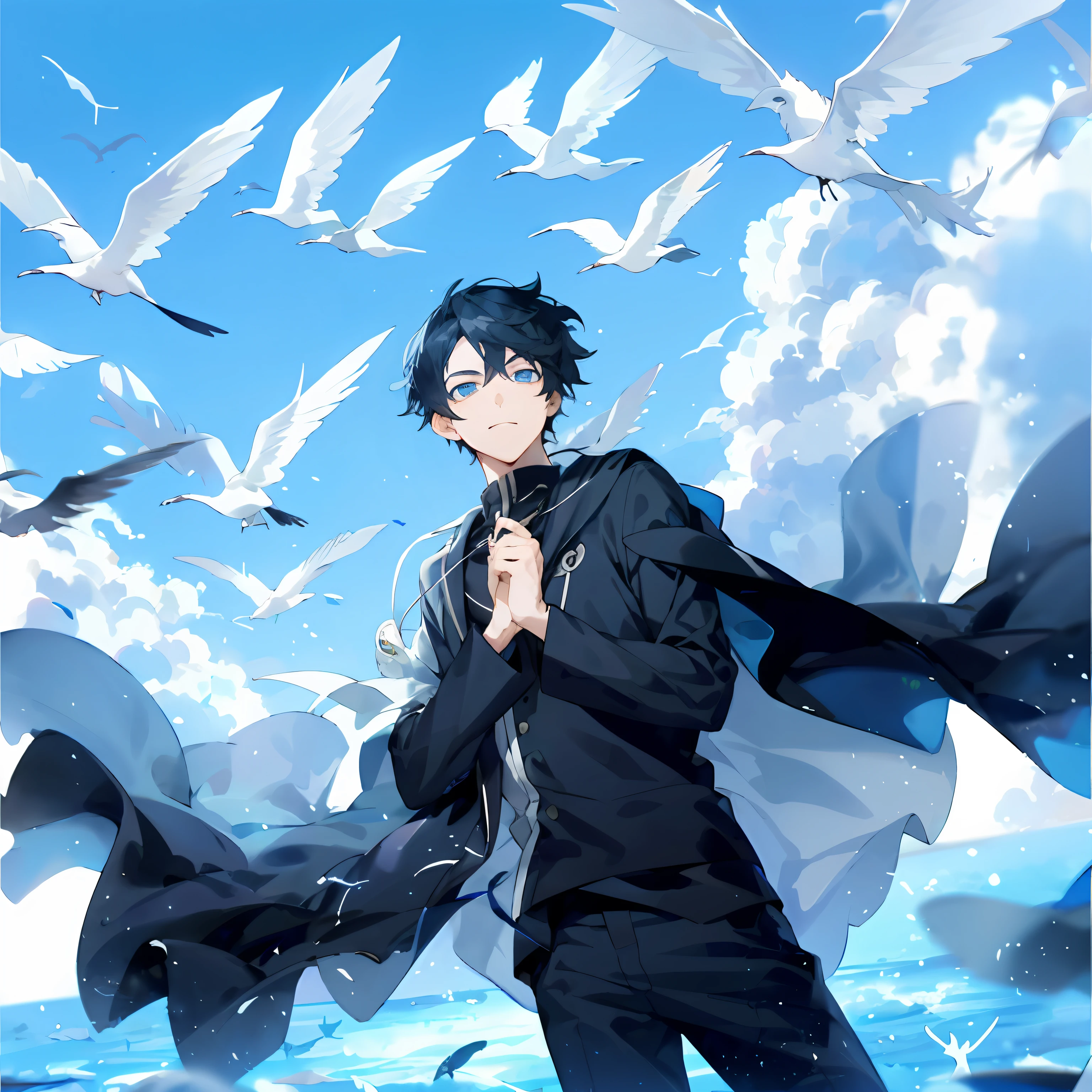anime boy with black hair and blue eyes standing in front of a flock of birds, Handsome anime pose, inspirado em Okumura Masanobu, inspired by Okumura Togyu, anime wallaper, Male anime style, 4k manga wallpapers, 4k anime wallpaper, Anime art wallpaper 8 K, flying anime esper, Tall anime guy with blue eyes