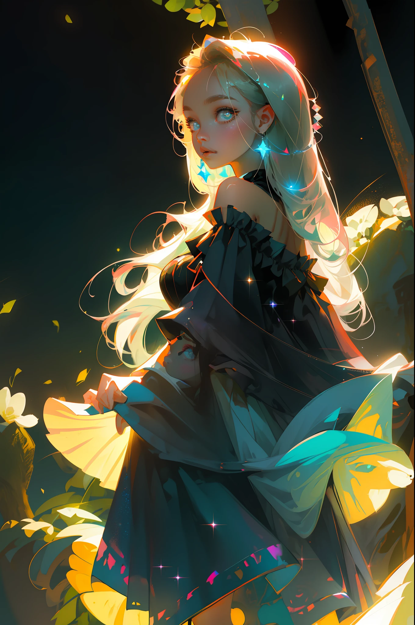 Masterpiece, best quality, super high resolution, fluorescent color,
1 girl, looking at the audience, beautiful face, beautiful eyes, (off-the-shoulder: 1.2), head up, upper body, forest, shiny hair, shiny skin, glowing cut, chibi, finger scale coordination, black starlight dress, particles