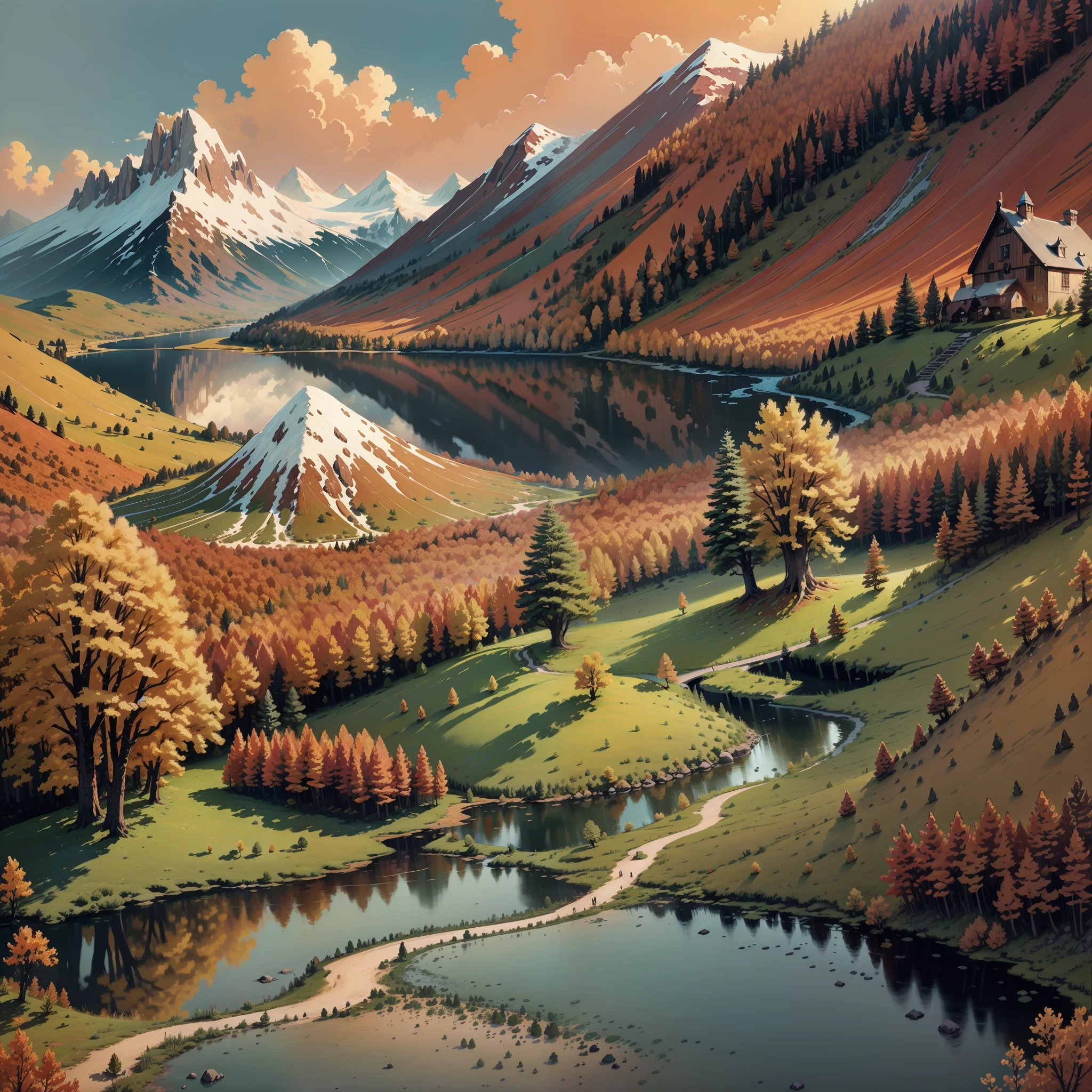 painting of a mountain scene with a lake and trees, inspired by the Brothers Hildebrandt, inspired by Brothers Hildebrandt, detailed painting 4 k, autumn mountains, low detailed. digital painting, scenery artwork, very detailed digital painting, highly detailed digital painting, scenery art detailed, 8k high quality detailed art, autumn sunset, detailed digital painting, digital painting highly detailed