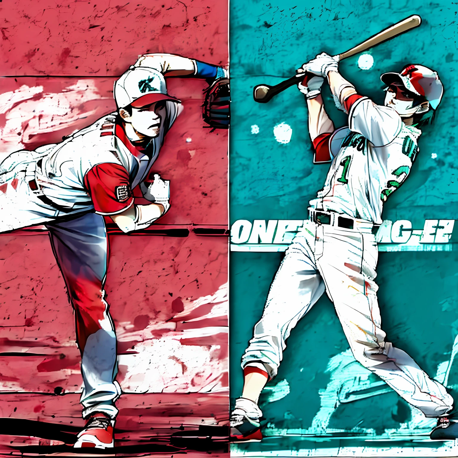 masutepiece, Best quality,
Two baseball players are depicted，The left is where the pitcher threw the ball,Right is swinging the bat at the batter，Dynamic movement， Simple background,  Abstract,watercolor painting, Light color background、colorful senery, Sideways,