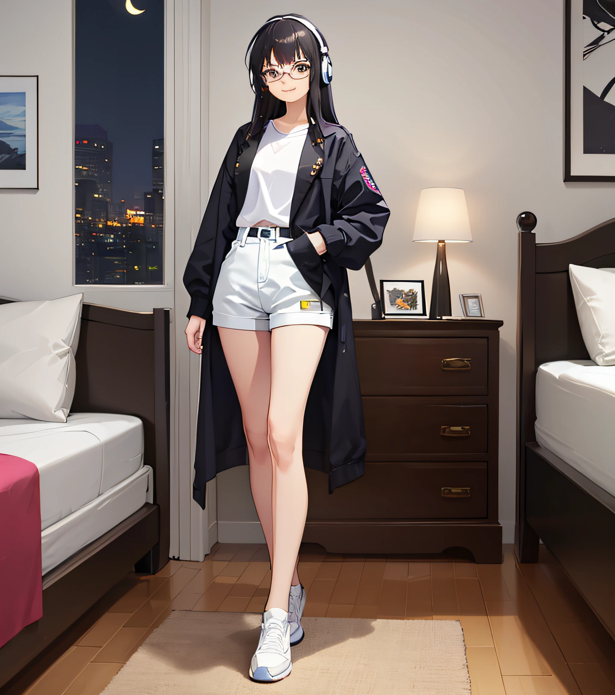 A dark-haired, length hair, straight haired, headset on head, Black jacke, White colored shirt, Blue hot pants, White sneakers, black-frame glasses, Qi bangs, In front of the bed, natta, Moonlight holding the book, Animate, The ultra -The high-definition, 巨作, A high resolution, With a smile, Full body like, Normal human proportions, ccurate, Best quality, High quality, Super detail, High details, UHD, masterpiece, ccurate, highres, best quality, high quality, super detail, high details