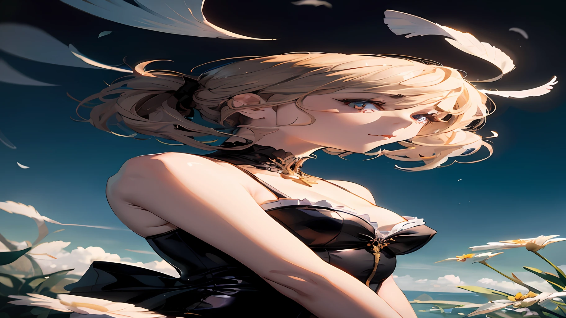 blond woman in a black dress and a black hat with white feathers, Guviz-style artwork, Guviz, a beautiful anime portrait, Guweiz in Pixiv ArtStation, trending on cgstation, Guweiz on ArtStation Pixiv, Detailed digital anime art, by Yang J, Smooth anime CG art, detailed portrait of an anime girl