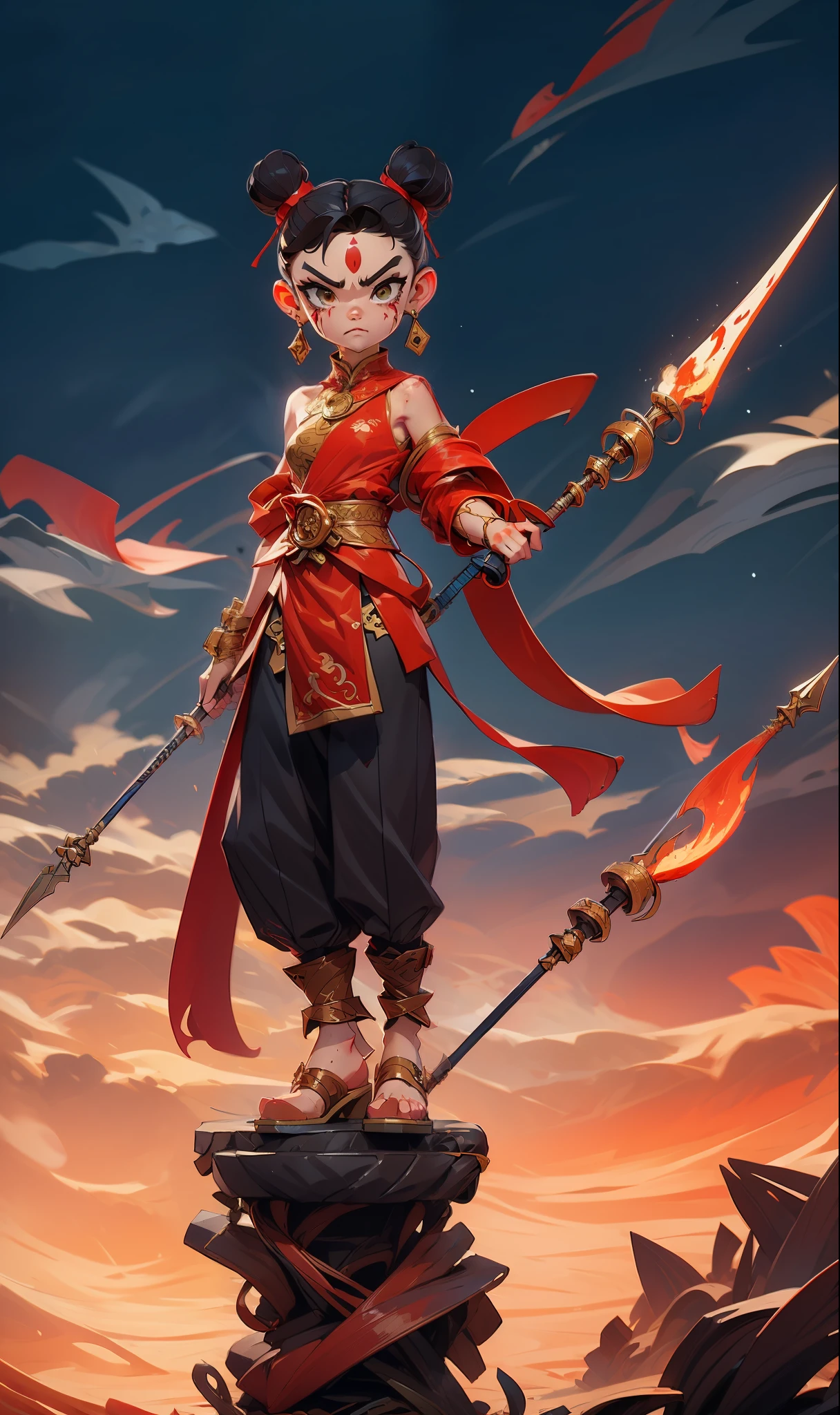 1girl, blood on face, angry, holding spear, (flying), chinese mythology,cloudy, detailed sky, abstract background, (flame_surge_style:0.5)