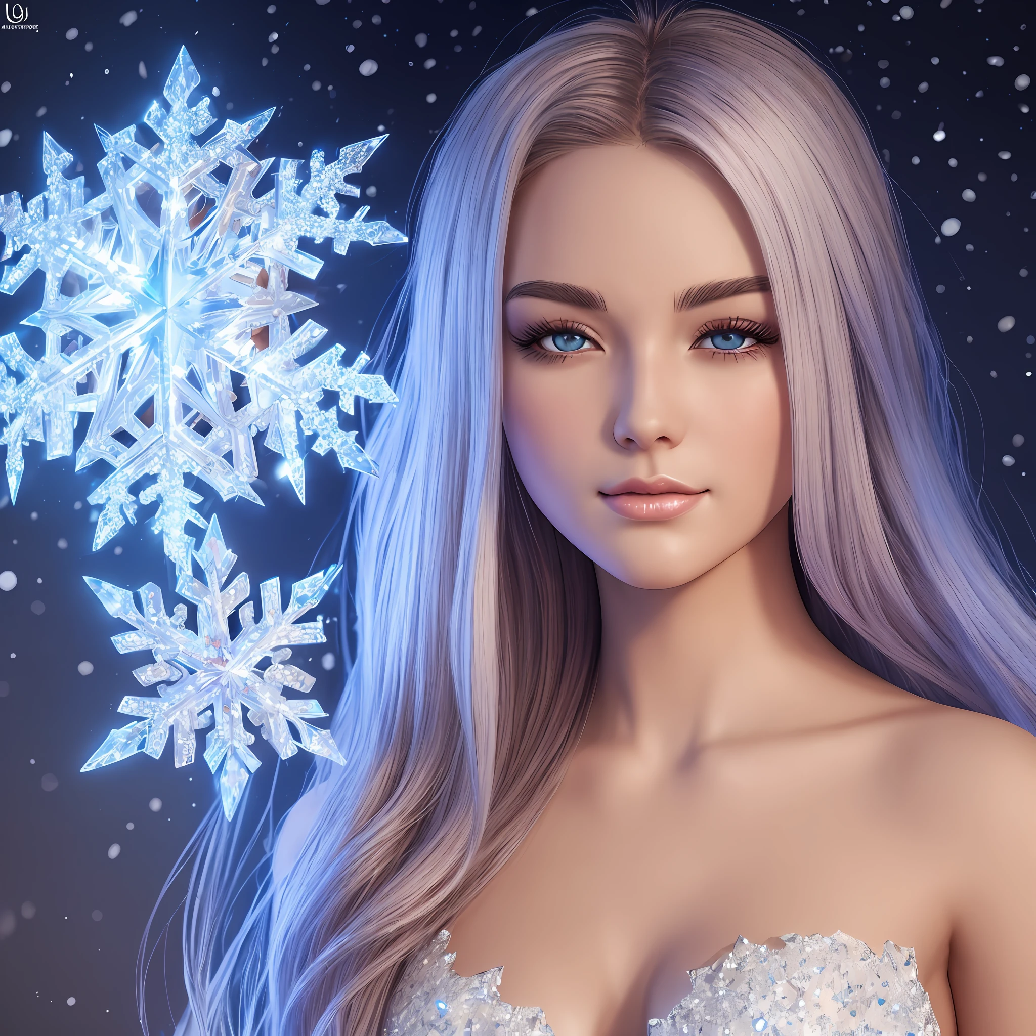 beatiful face, 1 gerl 25 y.o female body aesthetic, snowflake dress, snowflake elemental, Realistic, 12), Professional photo, highly quality, Detail, lumen glow, hyper-realism, photo realism,crystals, glistering, mystical lumen lighting --auto