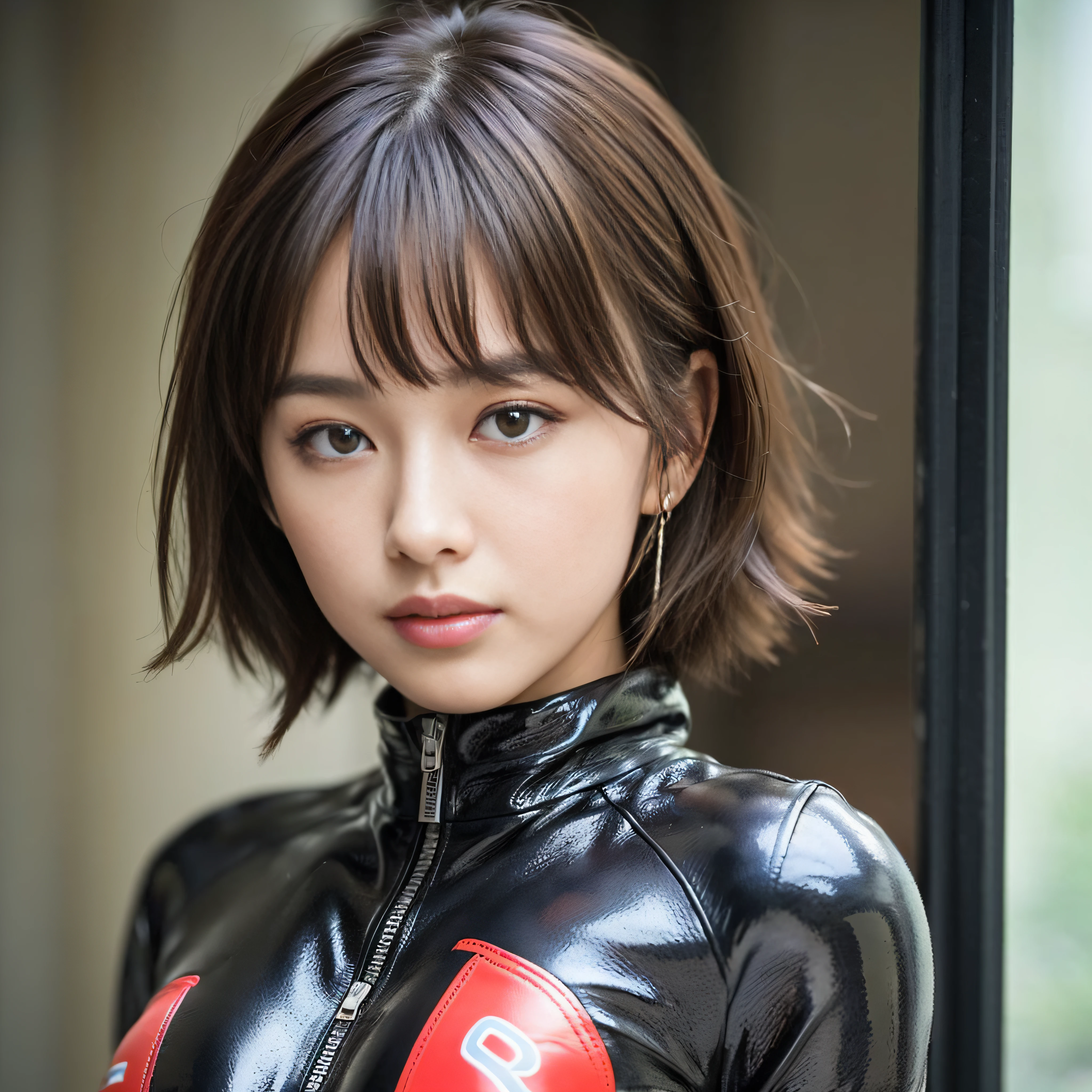 ((beste-Qualit)), ((​masterpiece)), ((realisitic )), ((1girl in, Solo,)),(The sheen、Leather、Racer Suit),(Short hair),Detailed human face,detailed tooth, Long sleeve,exteriors、(hugetits：1.8)、