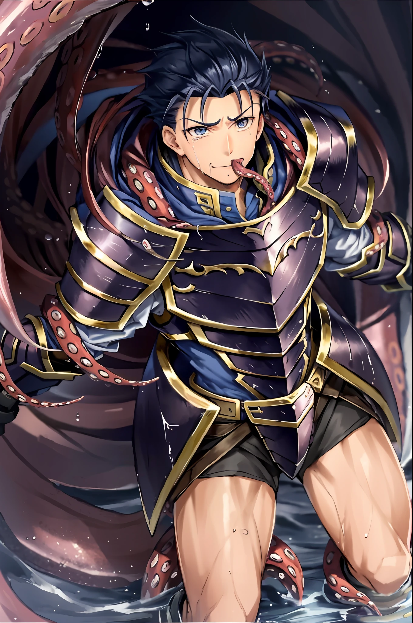 Hector Fey(adult man), 独奏, looking looking at viewer,Tied by tentacles(Mucus-secreting tentacles) ,smil,With his mouth open,droolng,perspire,Tight combat uniform,Armour,Armour,Get wet, mitts, 1 man,weeping,Be red in the face, Male focus,Tentacles wrapped around thighs(Octopus tentacles wrap around thighs), cloaks, Armour, Shoulder armor, Soaked leggings,Wrists bound by tentacles,Waist wrapped around tentacles