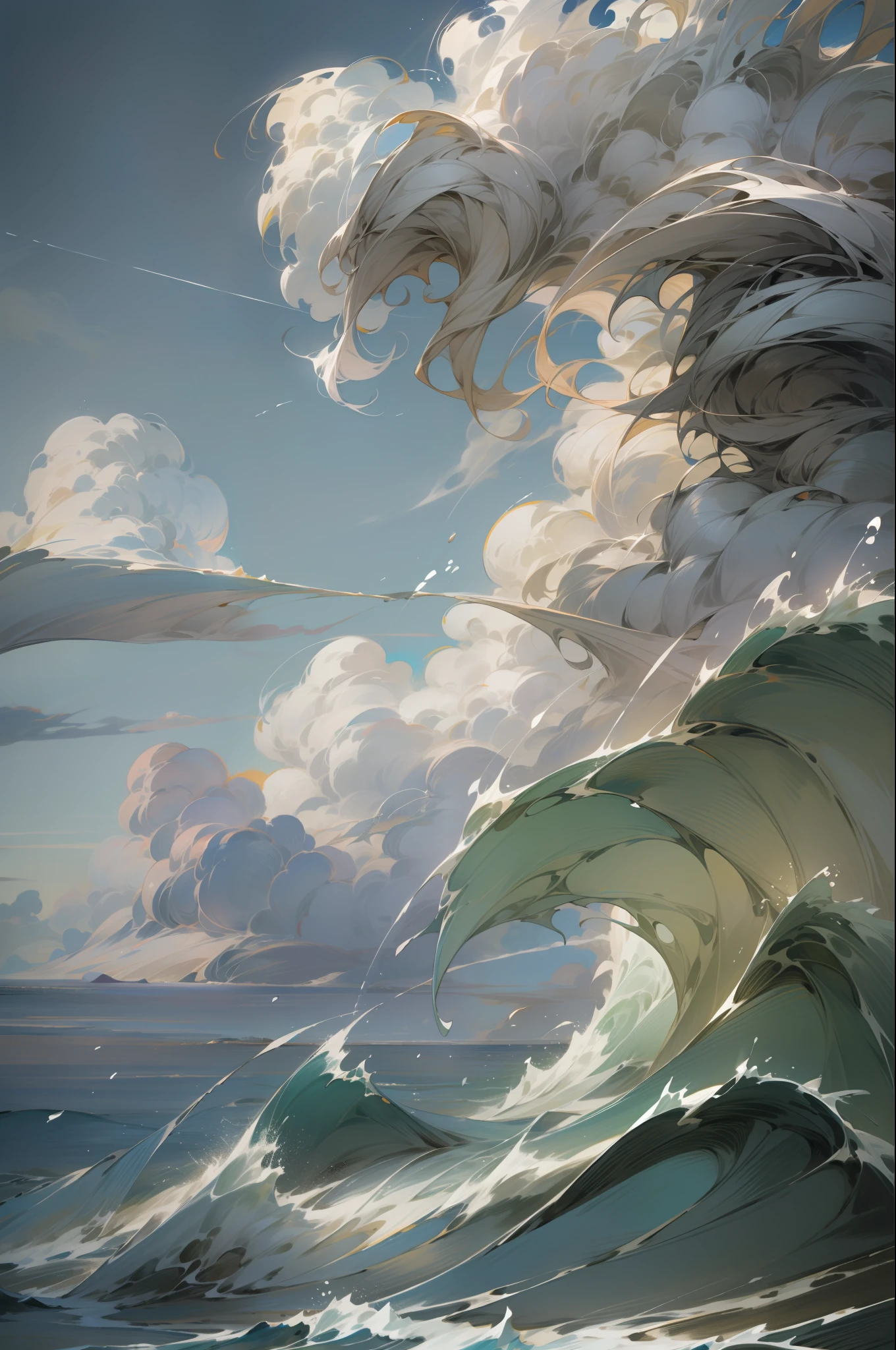 HUKK, ON THE WAVE OF THE BEACH, WITH BEAUTIFUL CLOUDS AS A BACKDROP, super detailed, professional photography, high quality, masterpiece